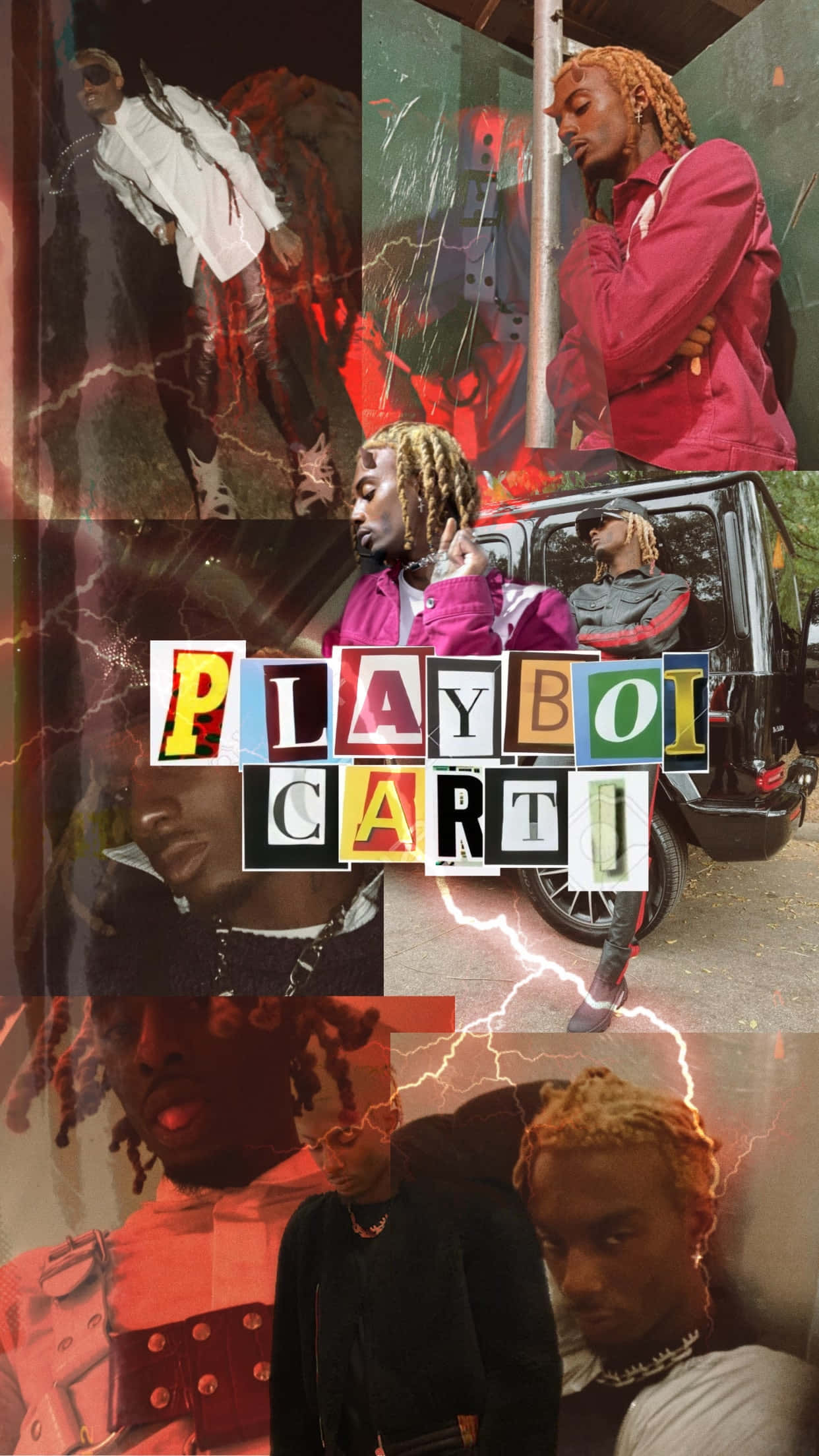 Playboi Carti iPhone 桌布 壁紙 — 一個充滿活力的拼貼畫，描繪一位說唱歌手以各種都市姿勢出現，帶有醒目的閃電效果和色彩繽紛的「PLAYBOI CARTI」文字疊加。