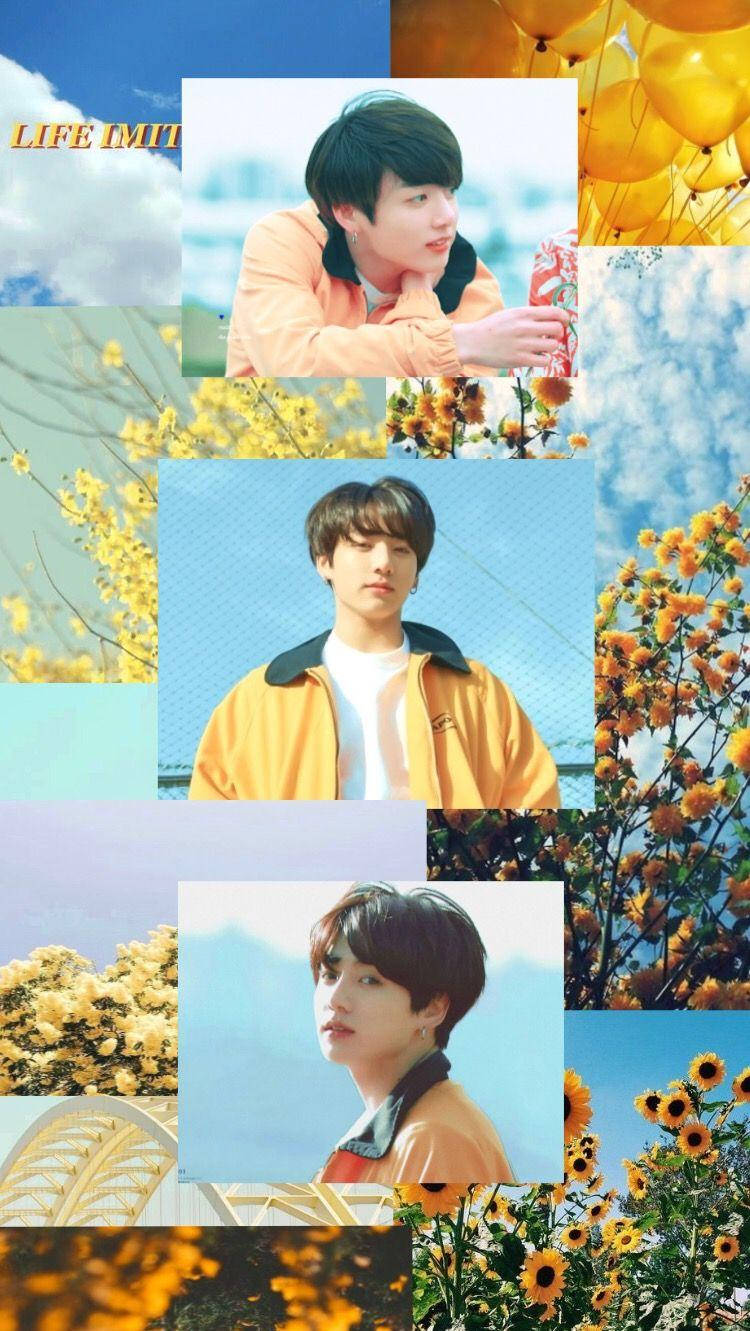 Jungkook Aesthetic 桌布 壁紙 — 一個充滿活力的拼貼畫，描繪一位身穿橙色外套的年輕男子，背景是向日葵田、藍天和黃色氣球。