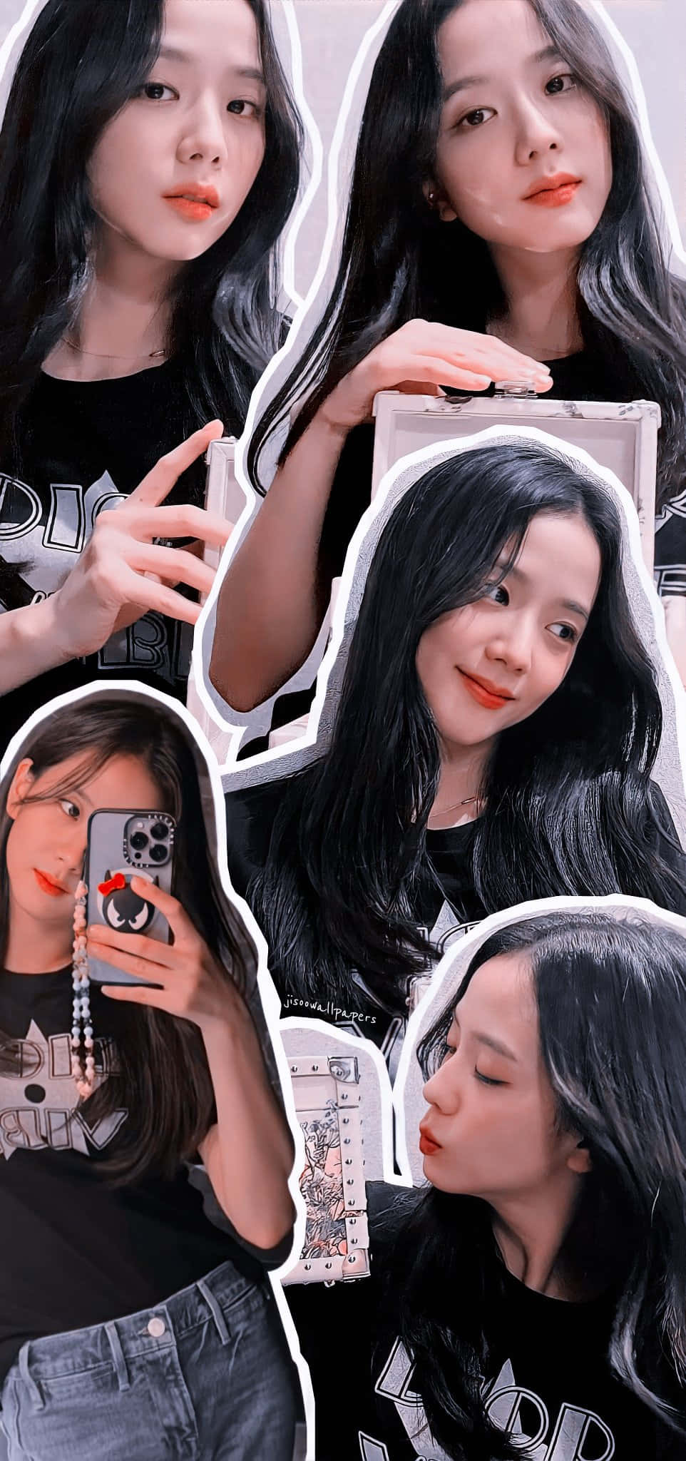 BLACKPINK 桌布 壁紙 — 一個充滿活力的拼貼畫，描繪一位長黑髮的年輕女性，以鮮豔橙色嘴唇和黑色圖案T恤擺出多個自拍姿勢。