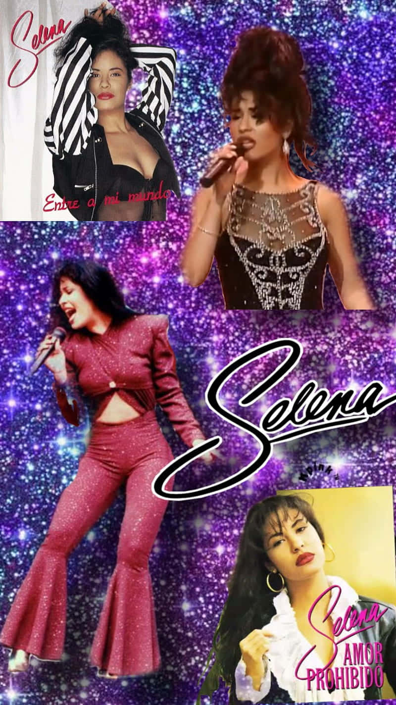 Selena Quintanilla iPhone 桌布 壁紙 — 一個充滿活力的拼貼畫，描繪了 Selena Quintanilla 穿著閃閃發光的服裝，背景是閃爍的紫色星空。