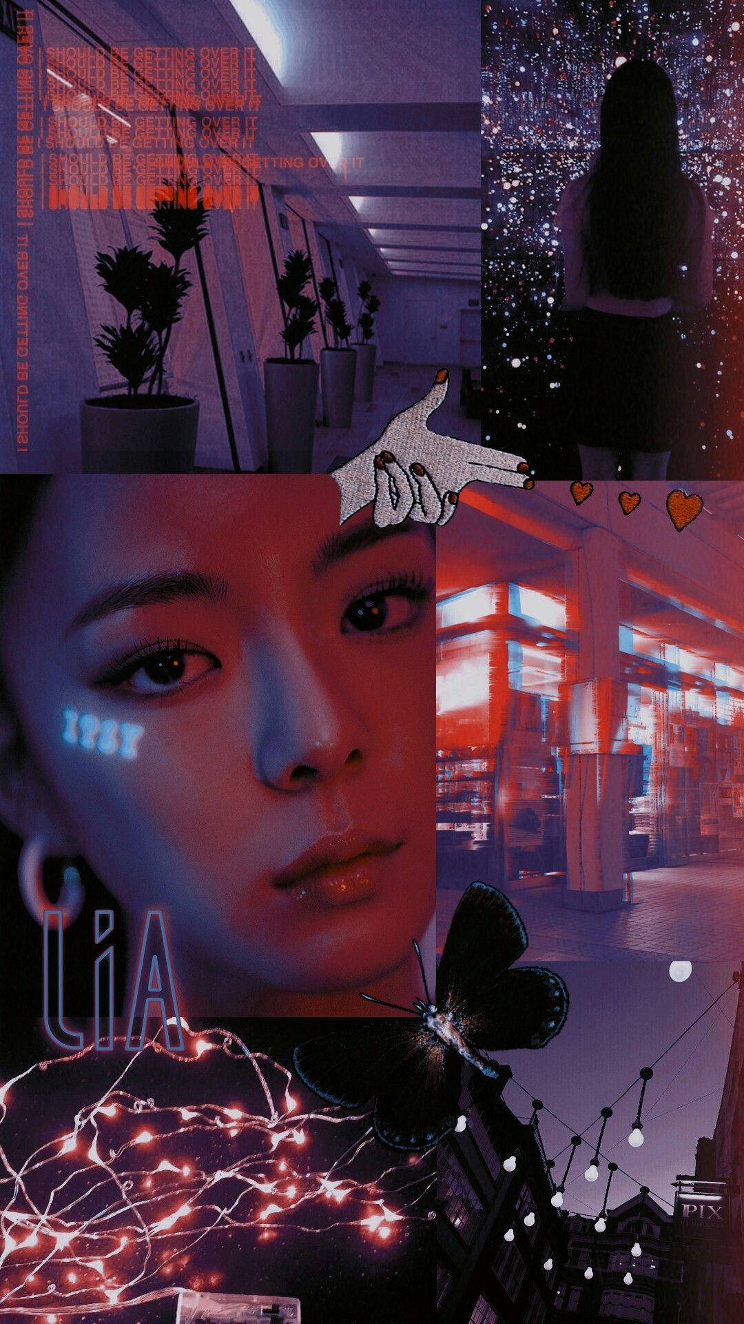 Lia 桌布 壁紙 — 一個充滿活力的拼貼畫，描繪了在霓虹燈下發光的女性面孔、靠近燈串的蝴蝶，以及一個在閃爍房間裡的人物。