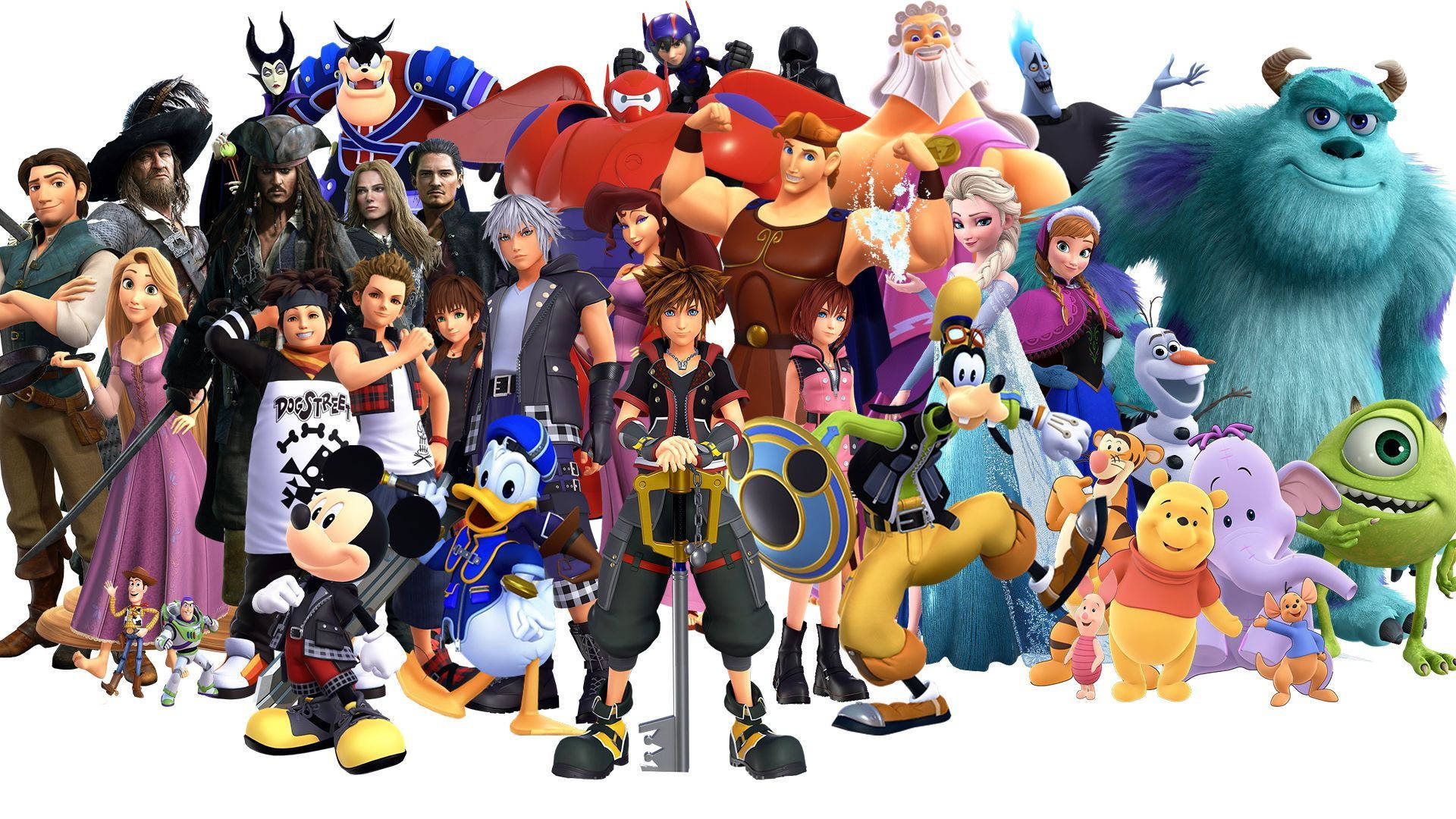 Kingdom Hearts 3 桌布 壁紙 — 一個充滿活力的拼貼畫，描繪了標誌性的動畫和電子遊戲角色在純白色背景前一起擺姿勢。