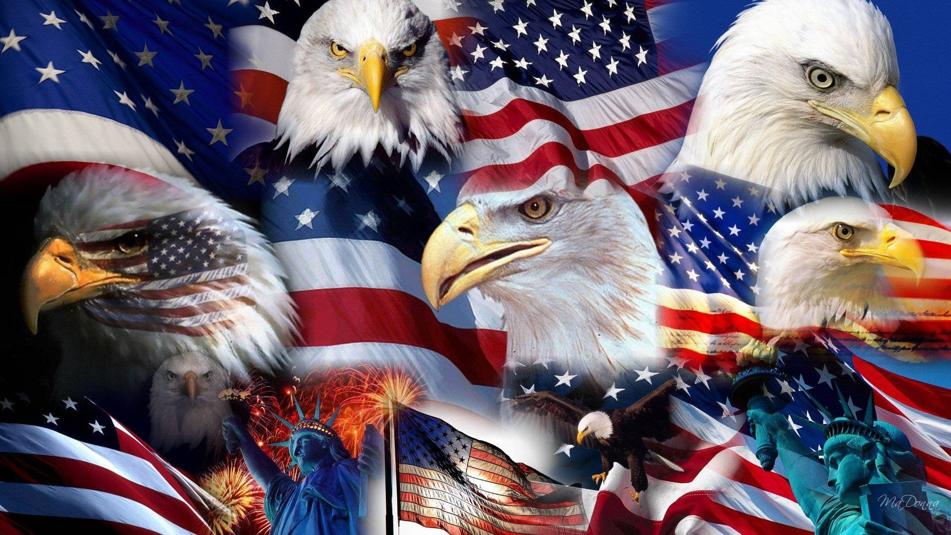 Flag 桌布 壁紙 — 一個充滿活力的拼貼畫，描繪了白頭鷹、美國國旗、自由女神像和煙火，背景充滿愛國色彩。