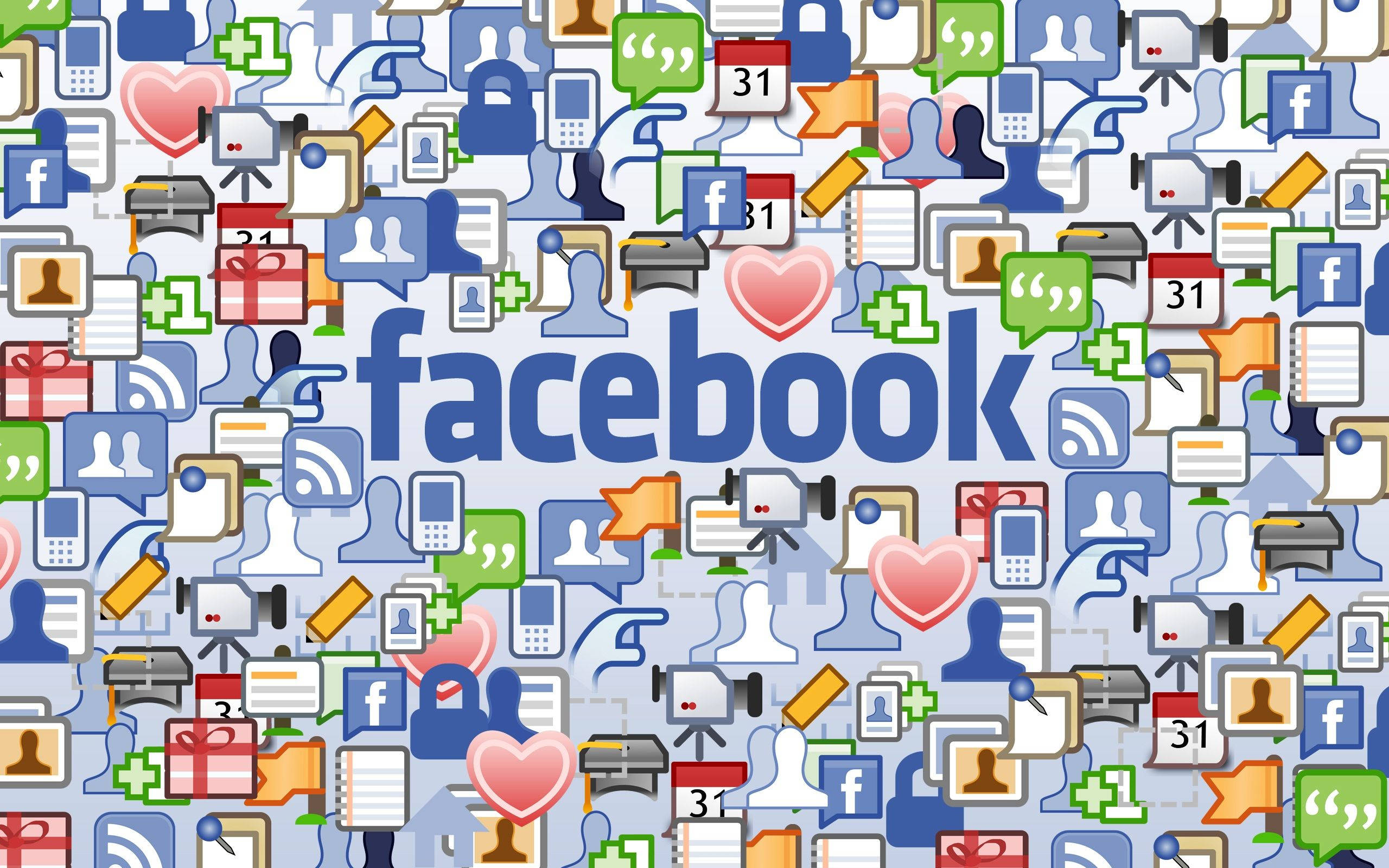 Facebook 桌布 壁紙 — 一個充滿活力的拼貼畫，由Facebook圖示和符號密集地圍繞著中央的Facebook標誌。