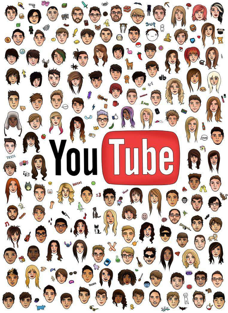 Minecraft Youtubers 桌布 壁紙 — 一個充滿活力的拼貼畫，由各種卡通面孔圍繞著標誌性的YouTube標誌，背景為白色。
