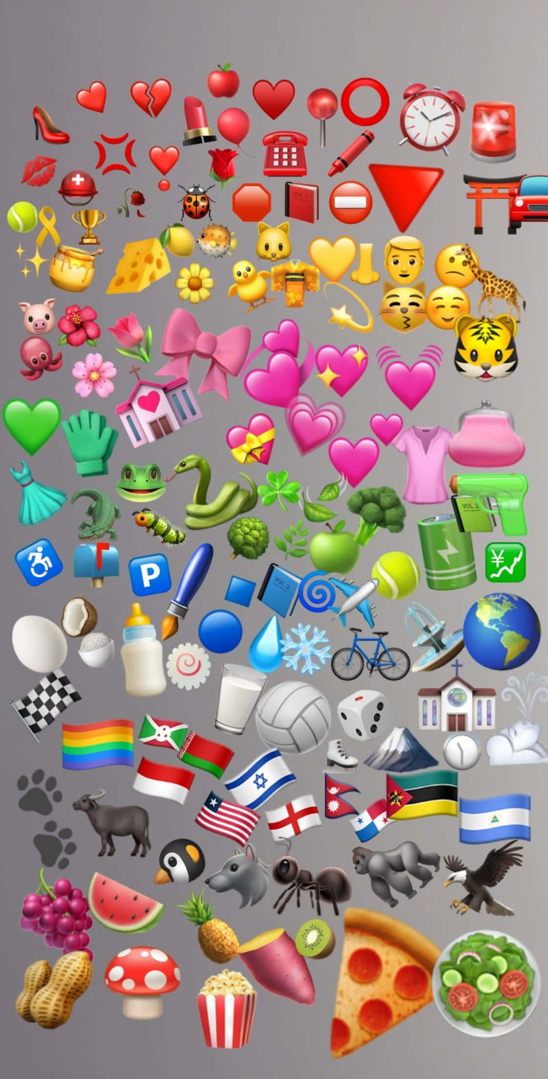 Animojis 桌布 壁紙 — 一個充滿活力的拼貼畫，由彩色表情符號圖標排列在灰色背景上，展示從食物到動物到旗幟的多樣主題。