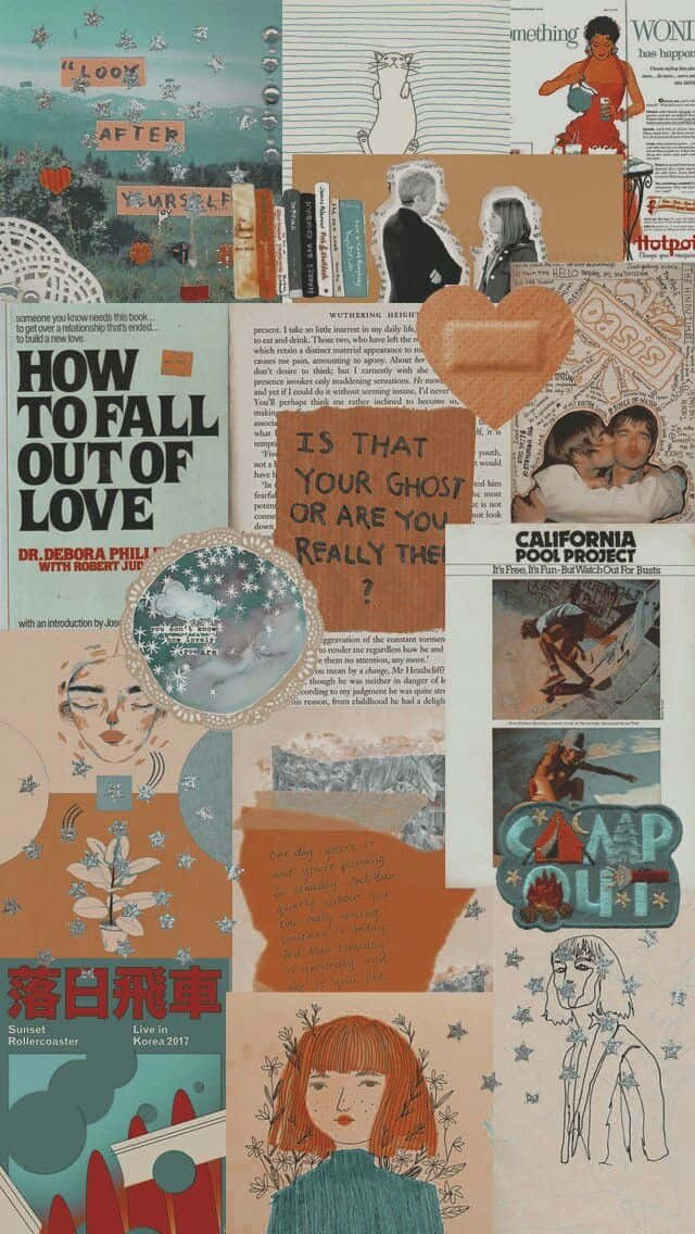 Vintage Collage 桌布 壁紙 — 一個充滿活力的拼貼畫，由復古書頁、雜誌剪報、手寫筆記和插圖肖像組成，以分層的藝術構圖排列。