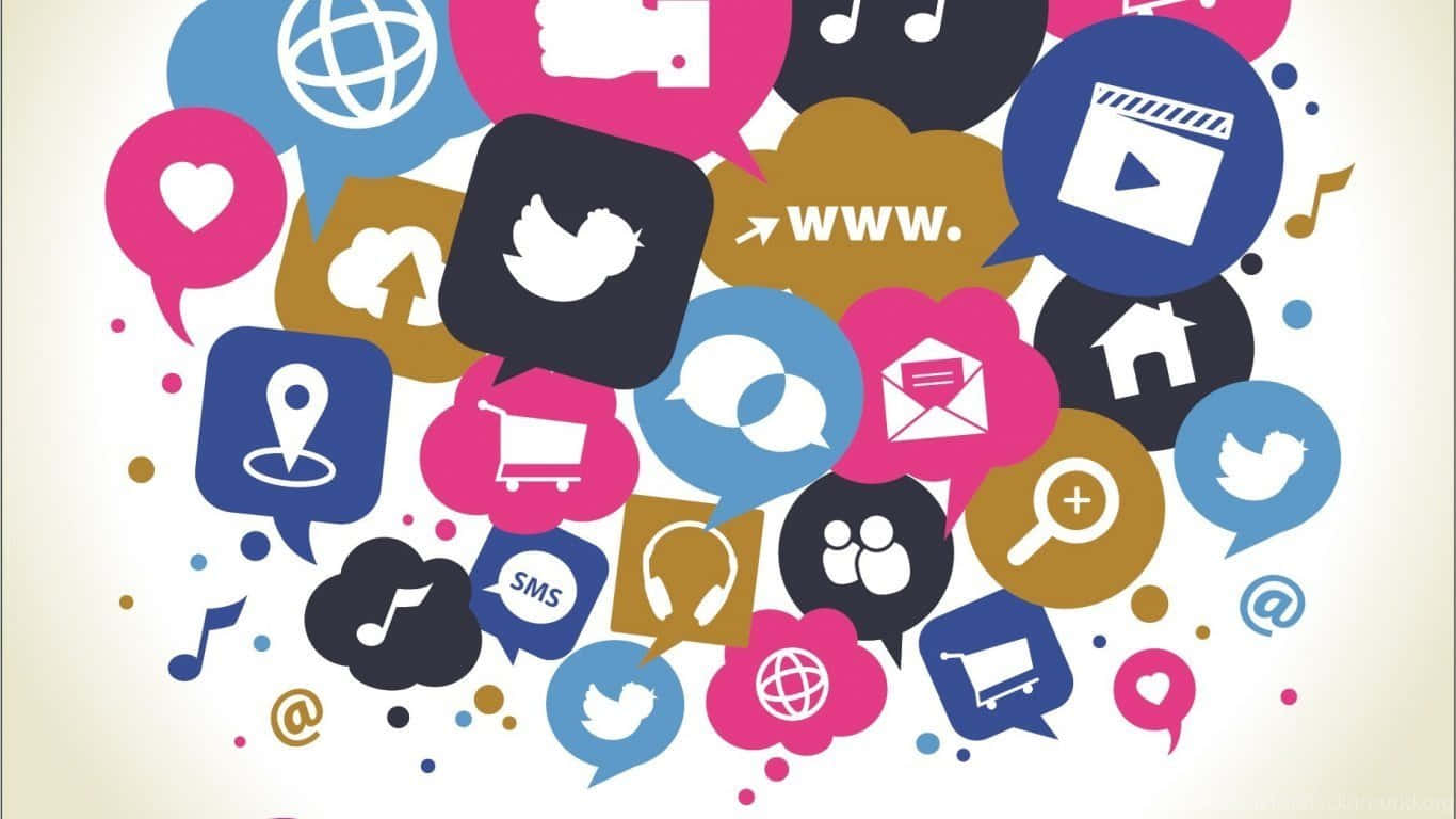 Social Media Icons 桌布 壁紙 — 一個充滿活力的拼貼畫，由色彩繽紛的對話氣泡組成，裡面充滿了社交媒體和網際網路圖示，漂浮在柔和的奶油色背景上。