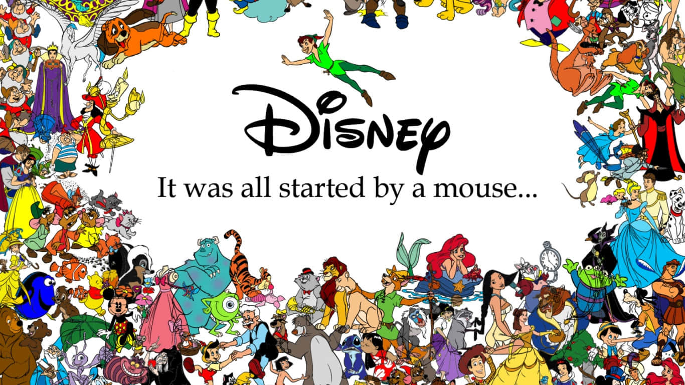 1366x768 Disney 桌布 壁紙 — 一個充滿活力的拼貼畫，經典迪士尼動畫角色圍繞著標誌性的迪士尼標誌和標語，背景為白色。