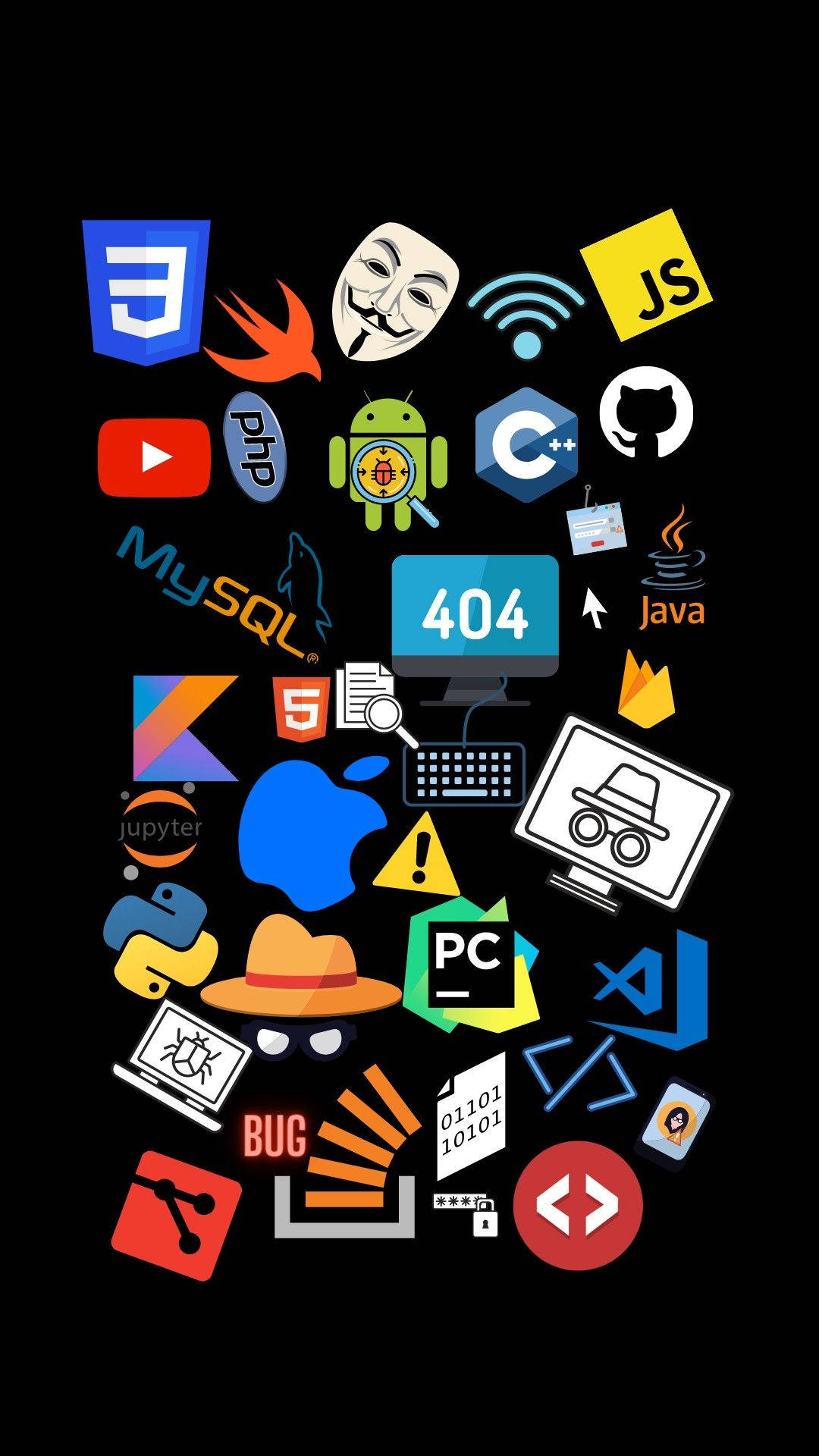 Android Developer 桌布 壁紙 — 一個充滿活力的拼貼畫，色彩繽紛的科技標誌和符號漂浮在黑色背景上，代表多種程式語言和數位工具。