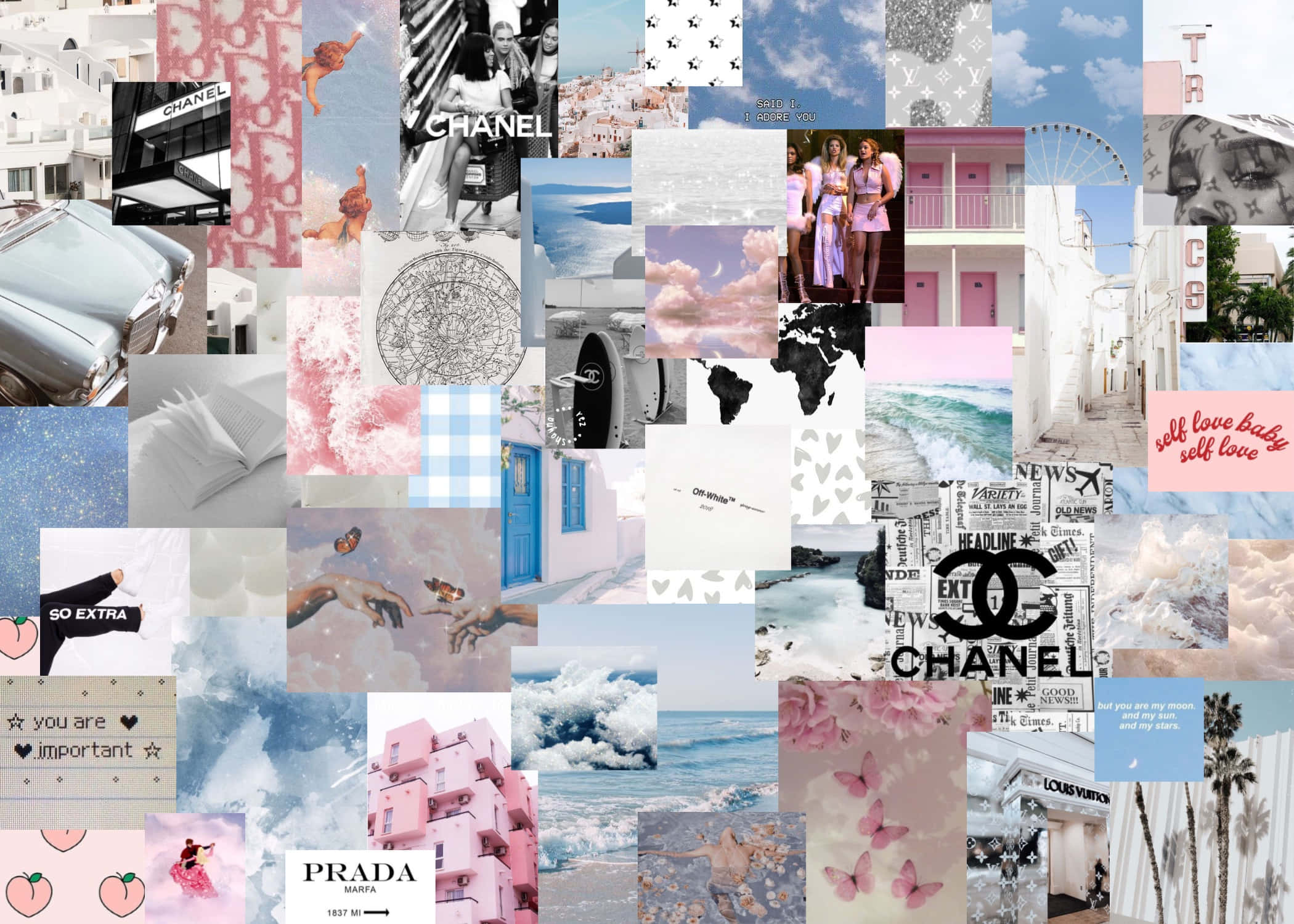 Pink Collage 桌布 壁紙 — 一個充滿活力的拼貼畫，融合了奢華時尚、粉彩天空、海浪和標誌性品牌標誌，以夢幻美學排列。