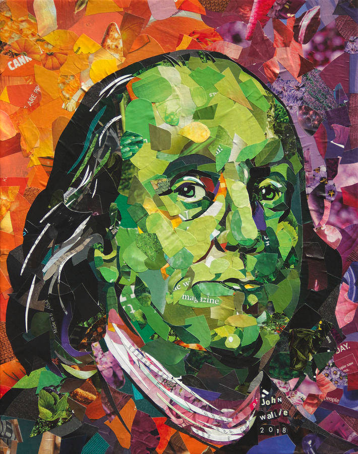Franklin 桌布 壁紙 — 一個充滿活力的拼貼肖像，人物臉部呈綠色調，由雜誌剪報和彩色紙片製成。