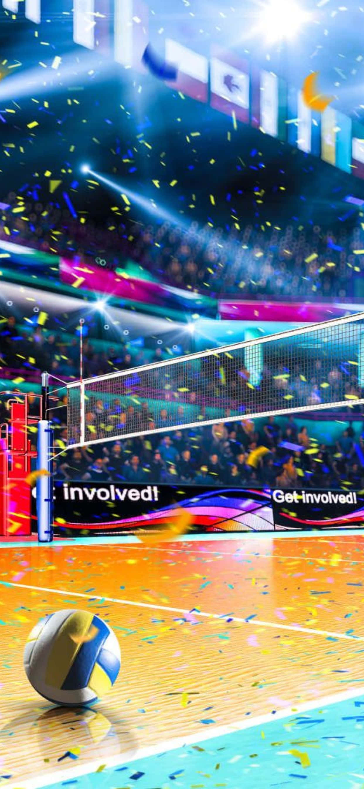 iPhone Xs Max Volleyball 桌布 壁紙 — 一個充滿活力的排球場，在體育館燈光下，五彩紙屑飄落在歡呼的人群上，一個排球靜靜地躺在地板上。