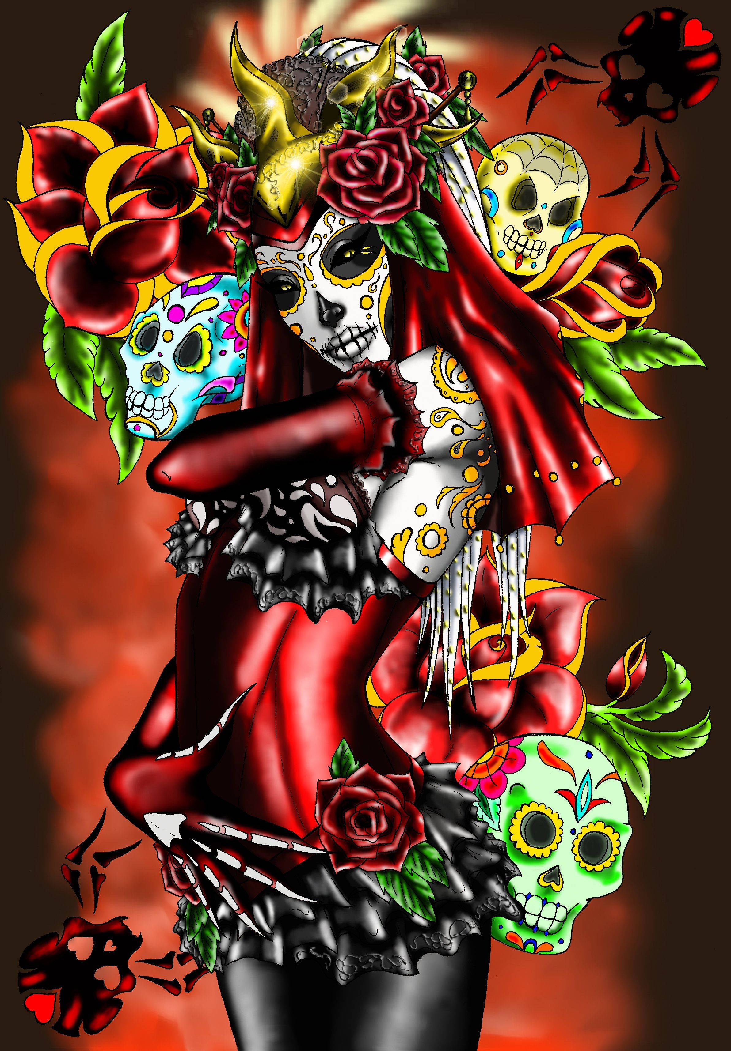 Soul 桌布 壁紙 — 一個充滿活力的插圖，描繪一位身穿紅色蕾絲和玫瑰的糖骷髏女性，周圍環繞著色彩繽紛的骷髏和花卉圖案。
