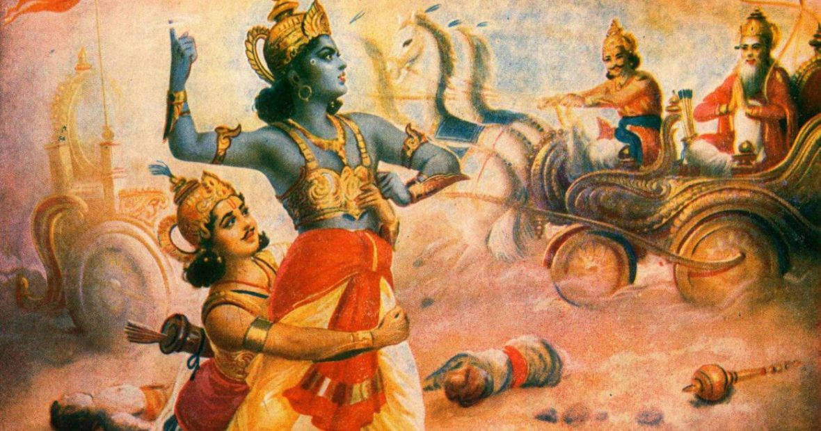 Bhagavad Gita 桌布 壁紙 — 一個充滿活力的插圖場景描繪了一位藍皮膚的神祇穿著華麗的金色盔甲，騎著由白馬拉動的戰車，在戰鬥場景中與隨從們在一起。