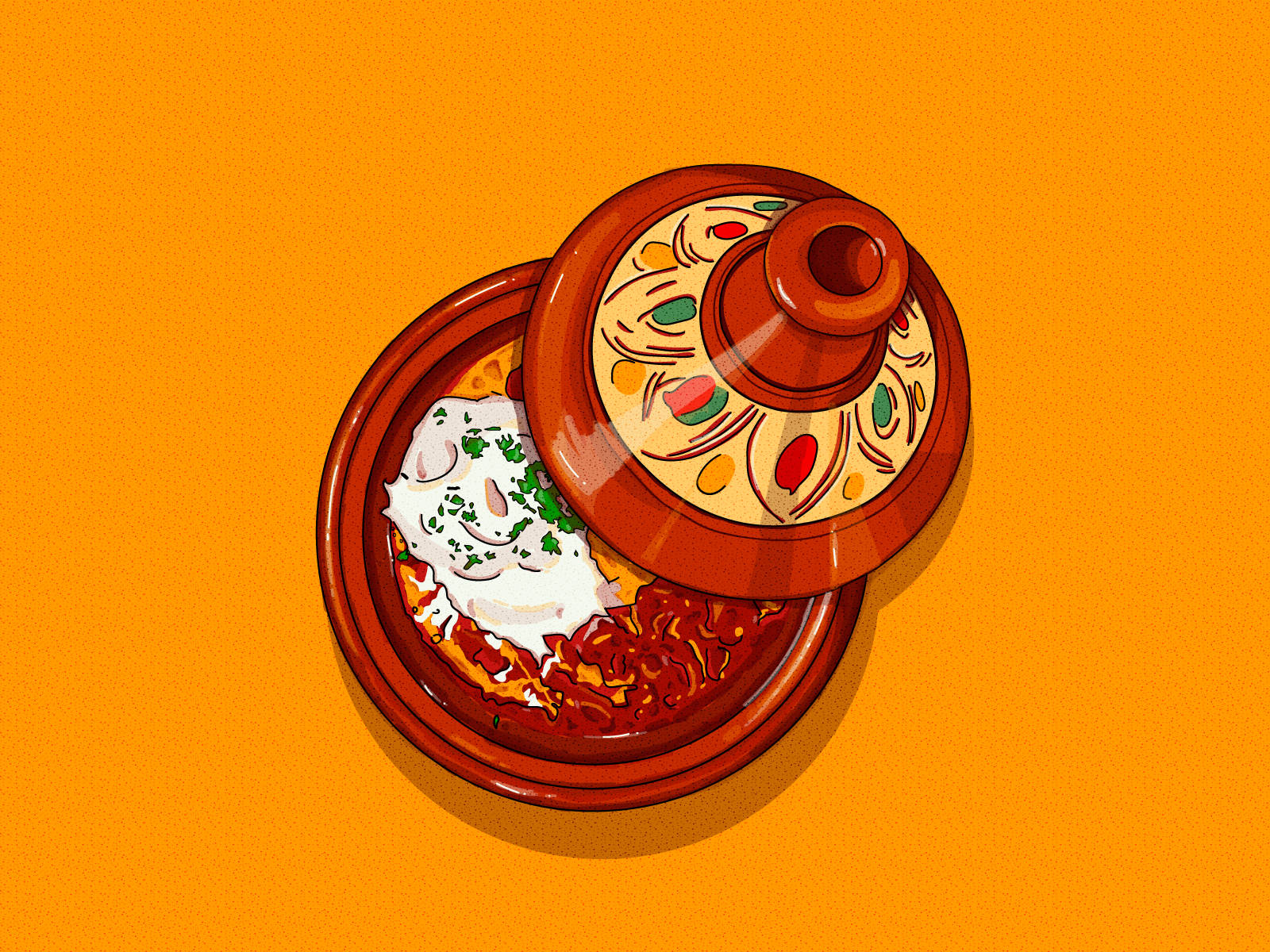 Delicious Food 桌布 壁紙 — 一個充滿活力的插圖塔吉鍋，配有濃郁的紅色燉菜和奶油優格，並以香草裝飾，背景為溫暖的橙色。