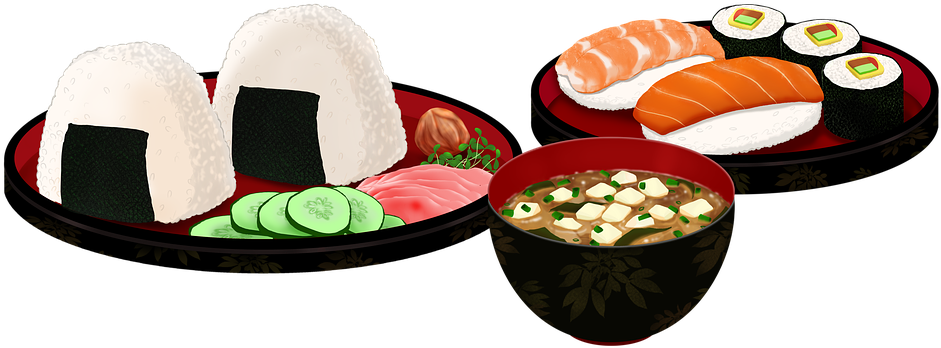 壽司 桌布 壁紙 — 一個充滿活力的插圖展示日本料理，包括飯糰、壽司、刺身和味噌湯，放在裝飾盤上。