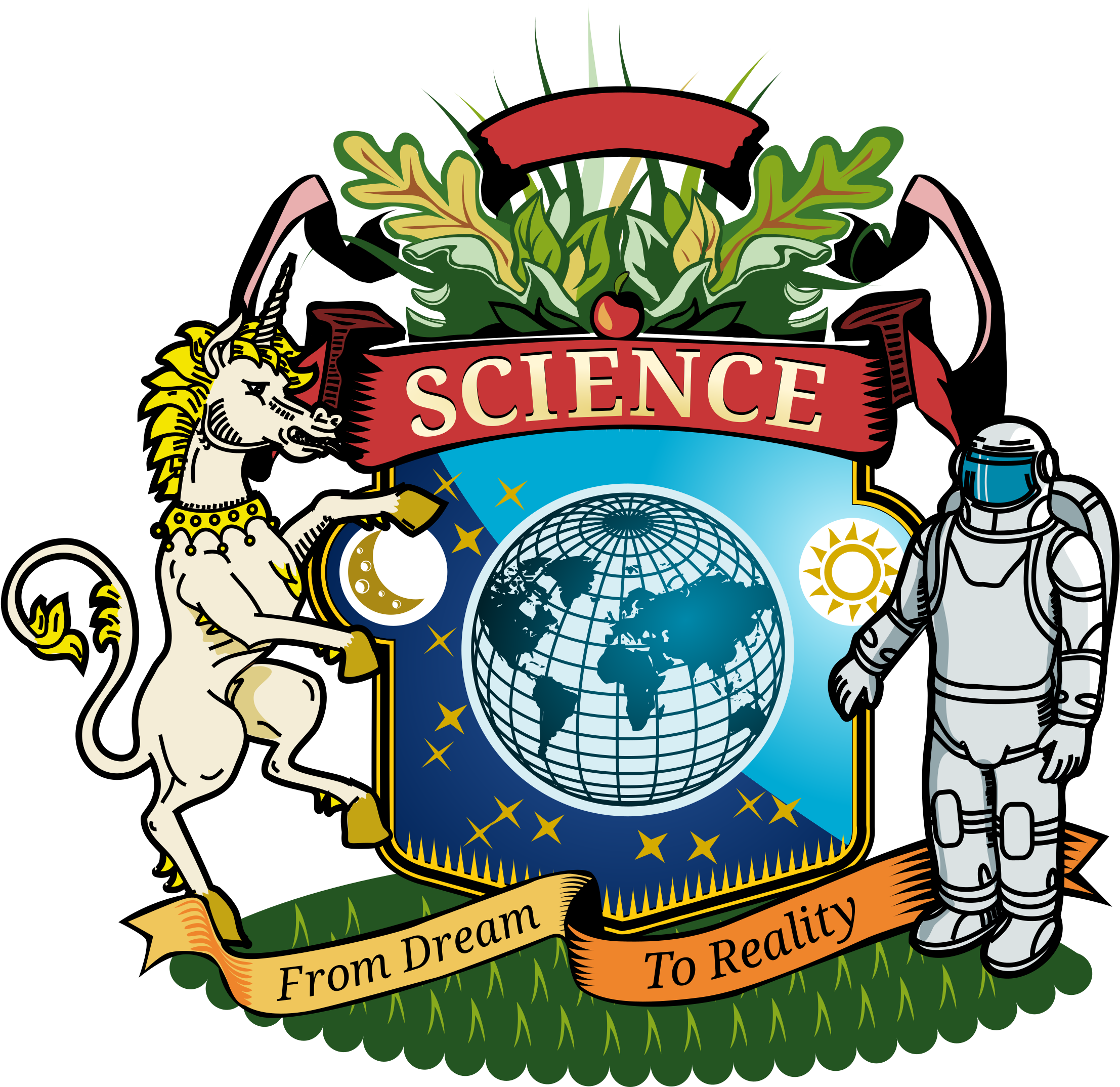 科學 桌布 壁紙 — 一個充滿活力的插圖徽章，獨角獸和太空人環繞地球，帶有「SCIENCE」橫幅和格言「From Dream To Reality」。