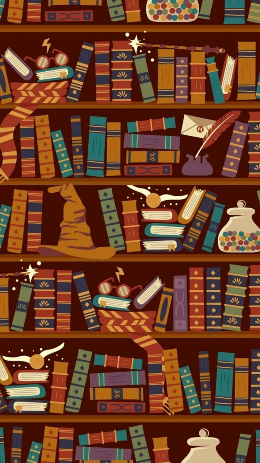 The Hogwarts Library 桌布 壁紙 — 一個充滿活力的插圖書架，擺滿了色彩繽紛的書籍、巫師帽和閃爍著魔法的魔法物品。