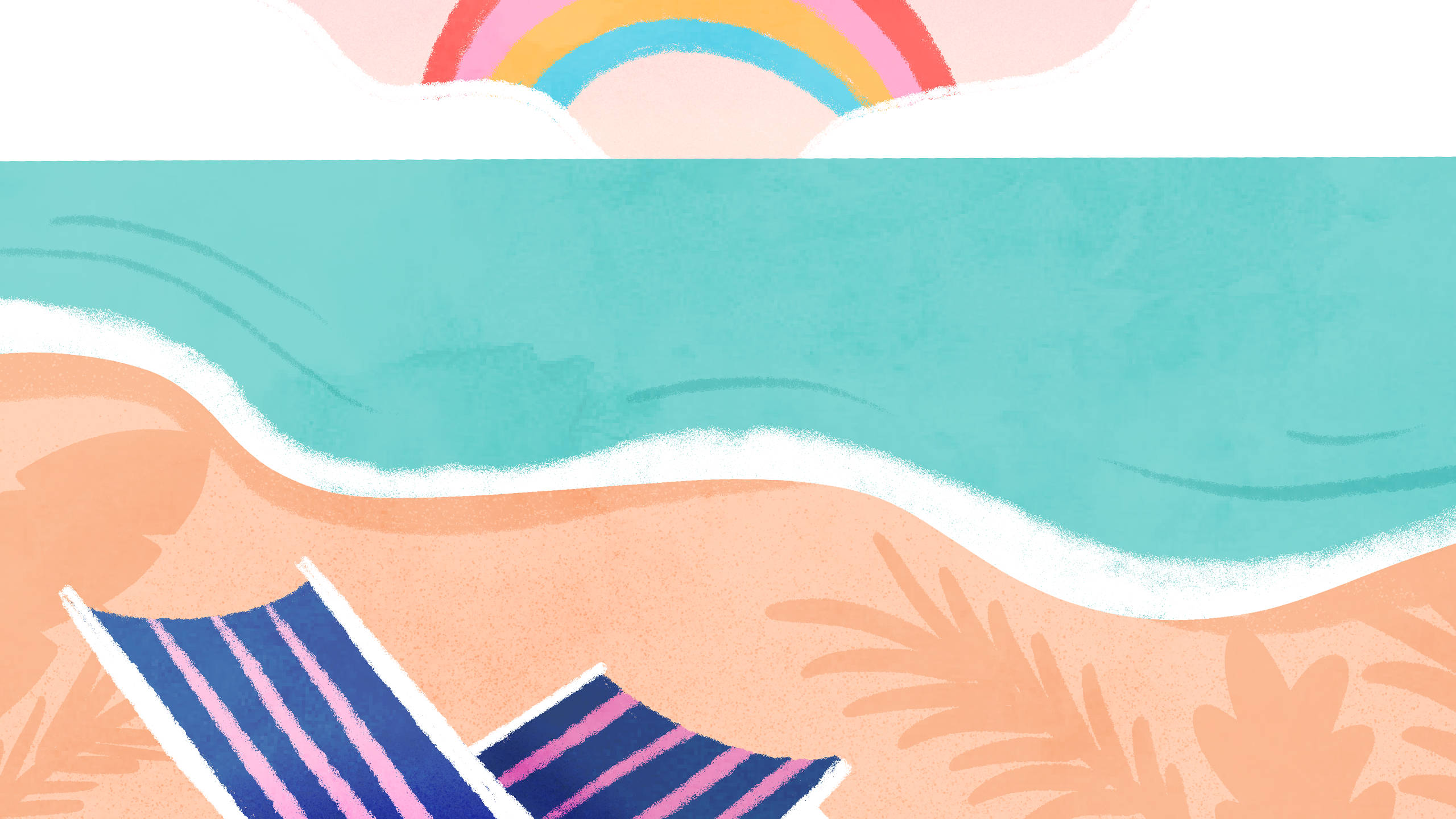 vector 桌布 壁紙 — 一個充滿活力的插圖海灘場景，有條紋躺椅、藍綠色波浪和從雲層中探出的彩虹。