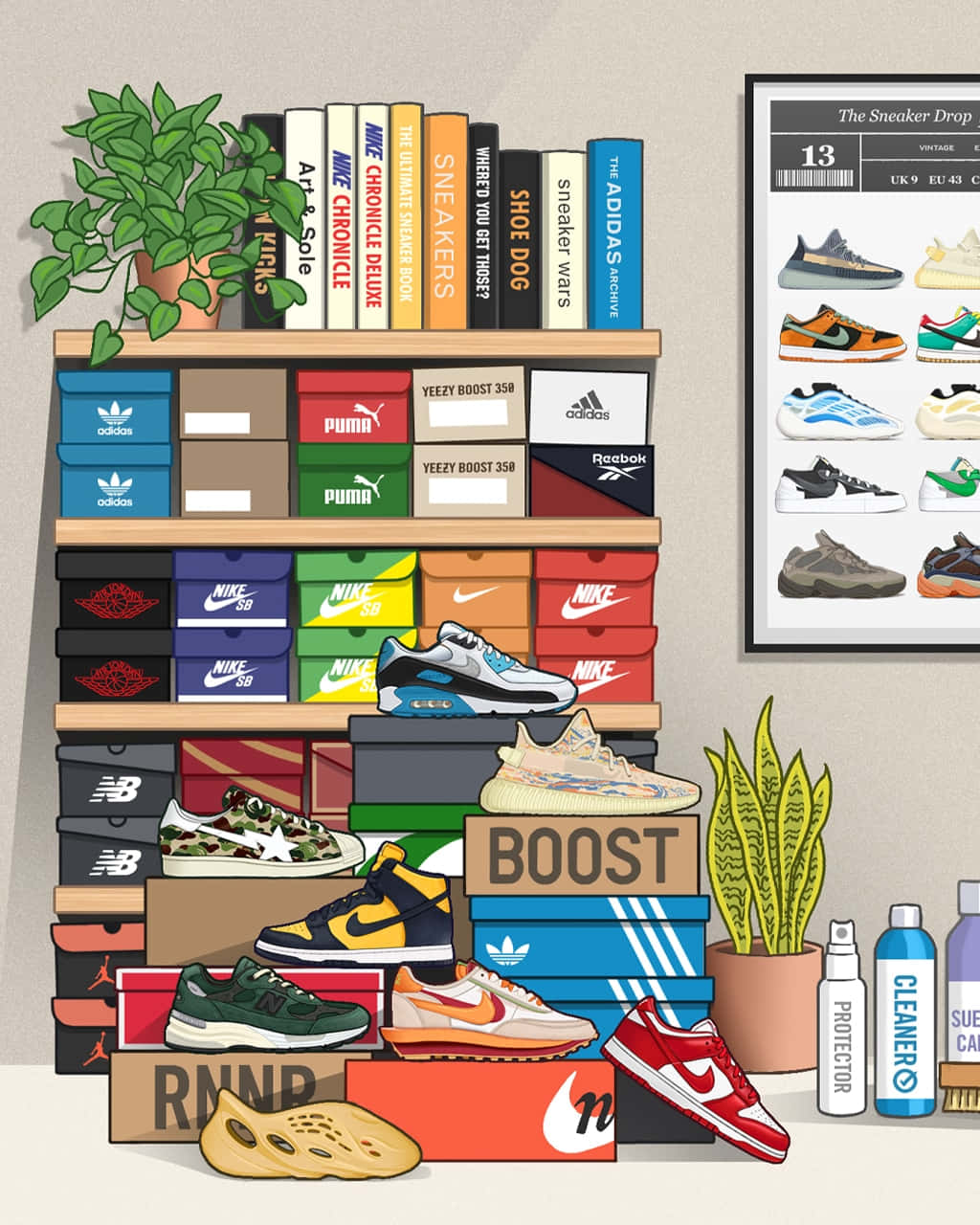 Sneaker 桌布 壁紙 — 一個充滿活力的插圖系列，展示色彩繽紛的運動鞋盒和鞋子，堆疊在架子上，配有植物和一張運動鞋雜誌海報。