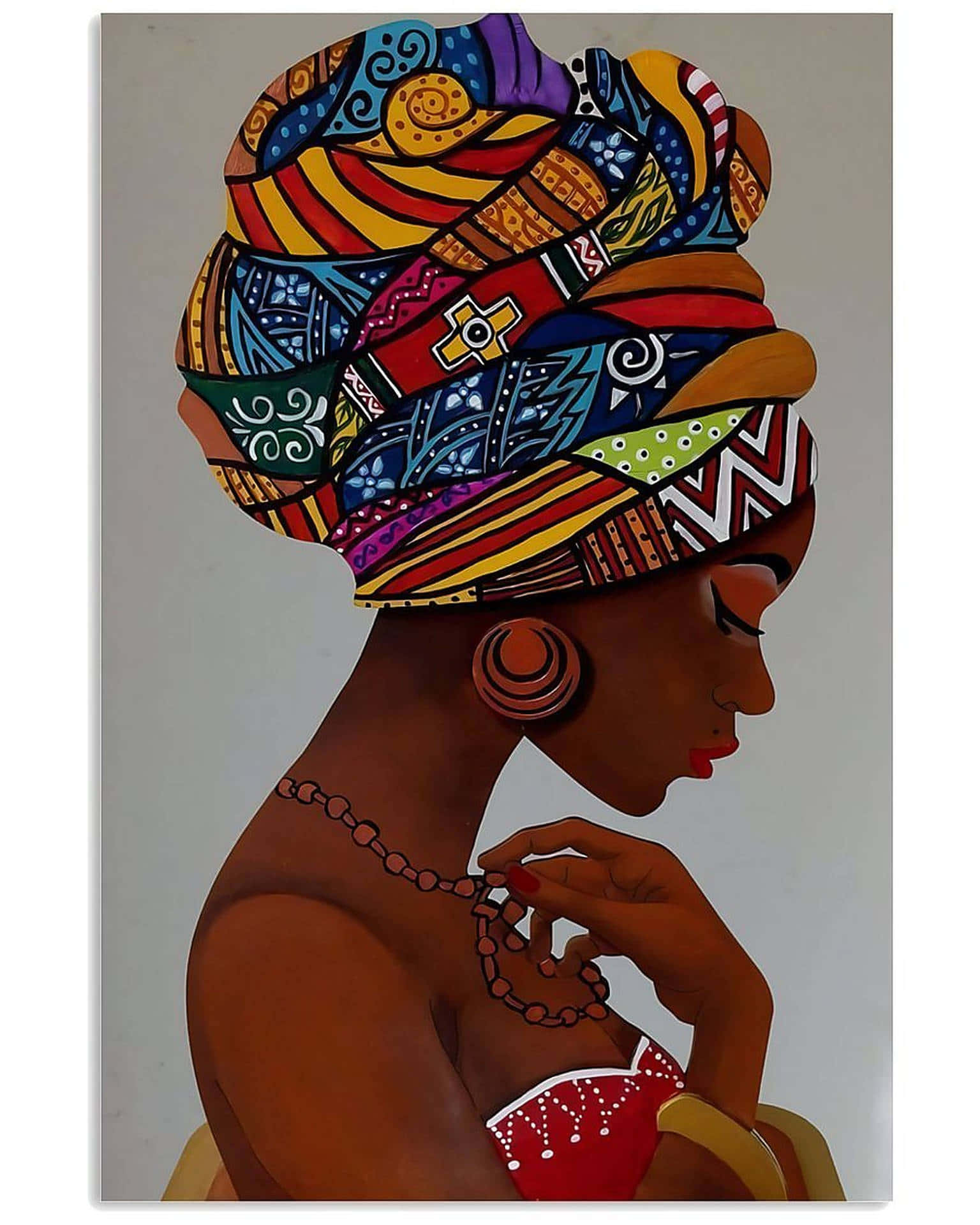Nigeria 桌布 壁紙 — 一個充滿活力的插圖肖像，描繪一位側面女性，戴著色彩繽紛的圖案頭巾，正在調整珠鏈。