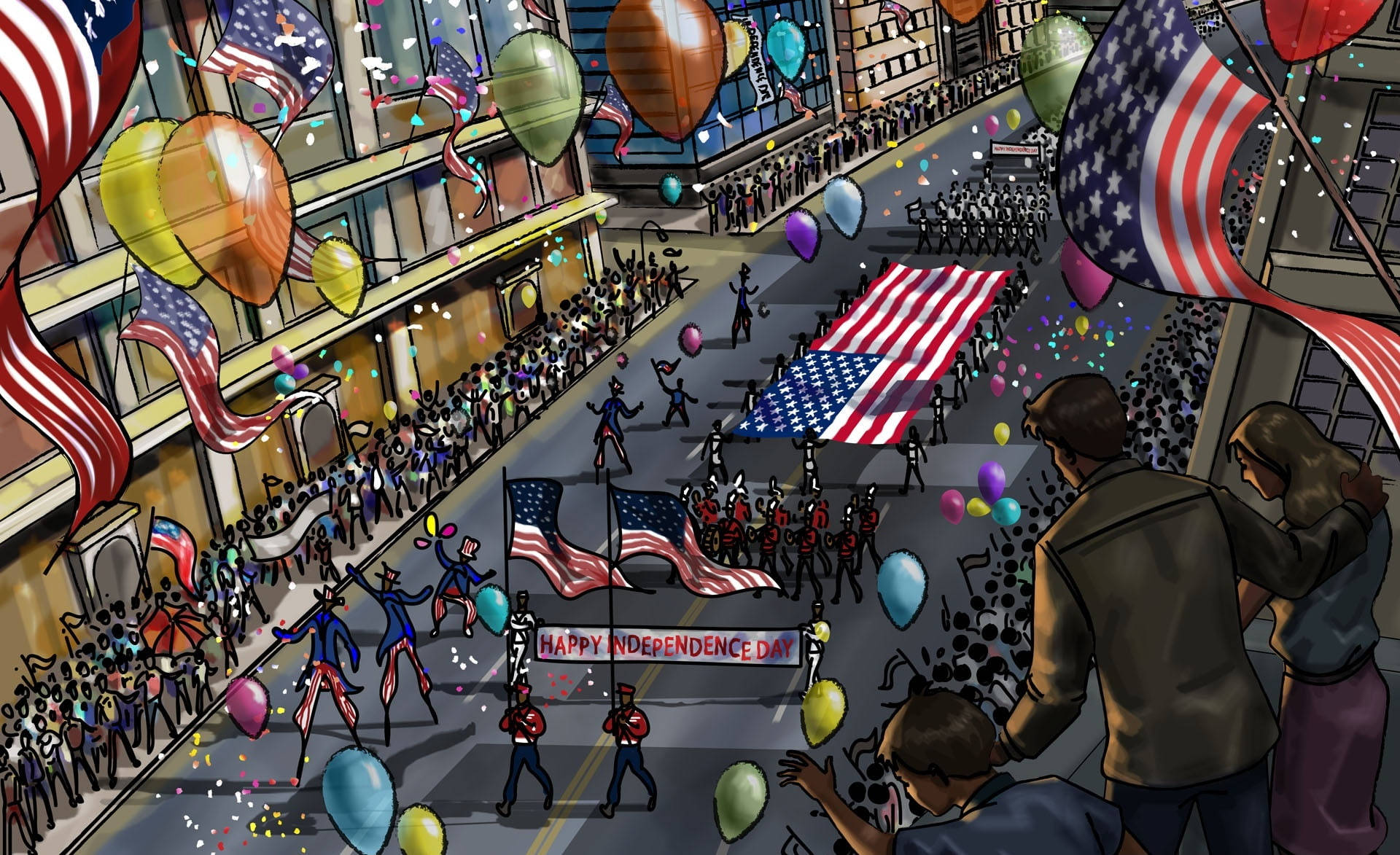 Independence 桌布 壁紙 — 一個充滿活力的插圖遊行慶祝獨立日，有遊行樂隊、氣球和人群在節日的天空下揮舞美國國旗。