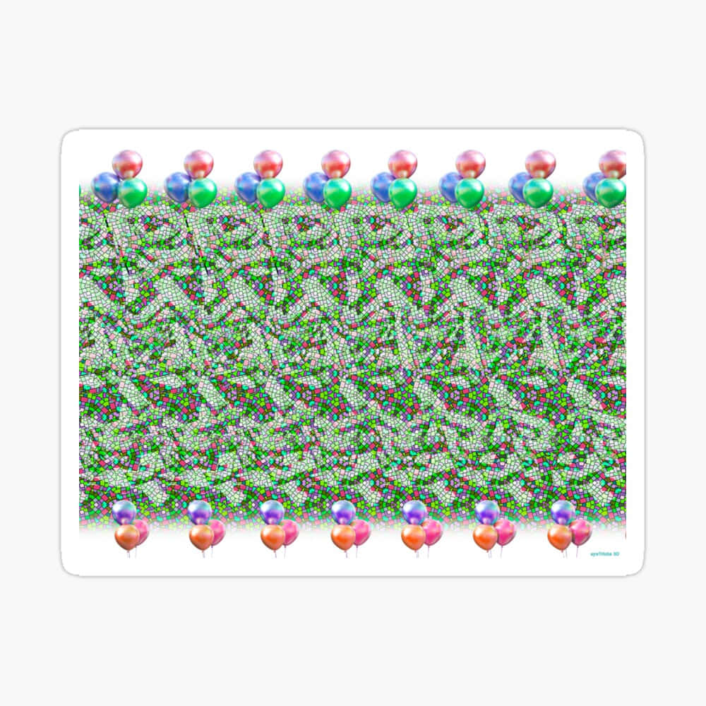 Hidden 3d 桌布 壁紙 — 一個充滿活力的數位圖案，彩色氣球漂浮在綠色、粉紅色和白色像素的馬賽克上方。