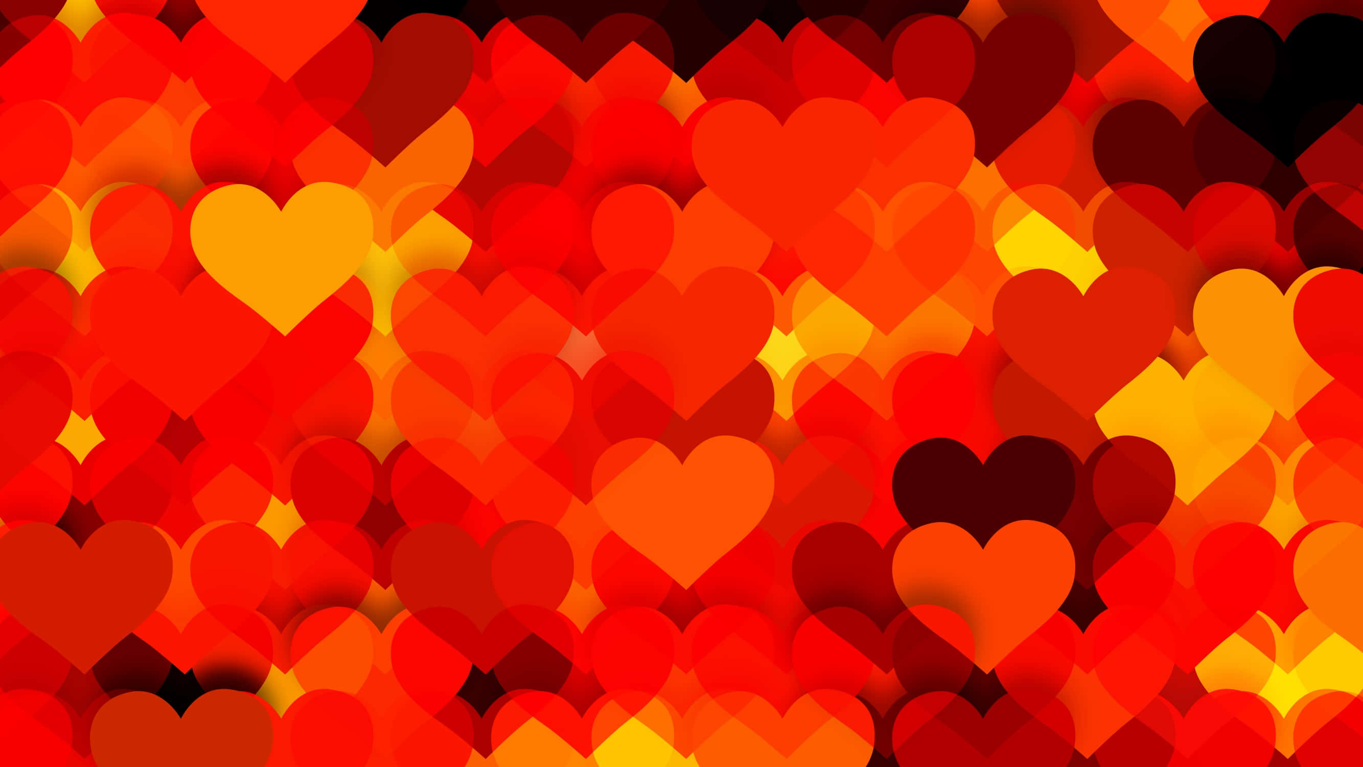 Orange Heart 桌布 壁紙 — 一個充滿活力的數位圖案，由火紅、橙和黃色的重疊心形組成，營造出溫暖發光的效果。