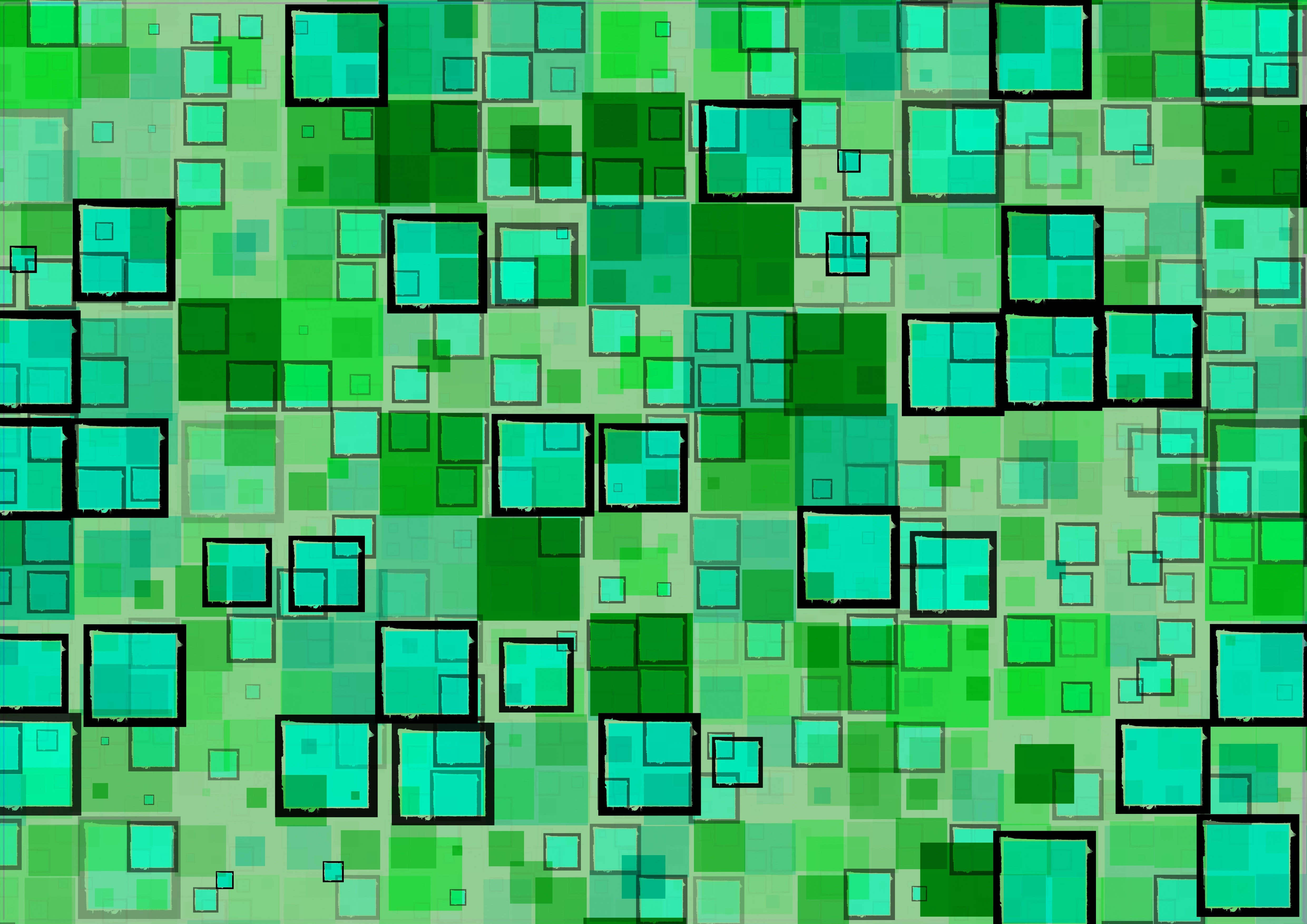 Green Geometric 桌布 壁紙 — 一個充滿活力的數位圖案，由重疊的綠色正方形和黑色輪廓組成，營造出動態的馬賽克效果。