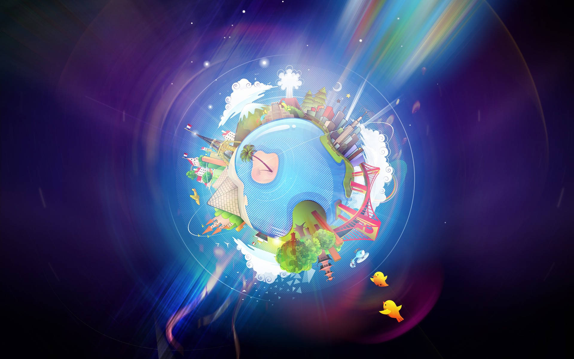 World 桌布 壁紙 — 一個充滿活力的數位地球儀，在宇宙紫色背景上迸發出全球地標和色彩繽紛的光線。