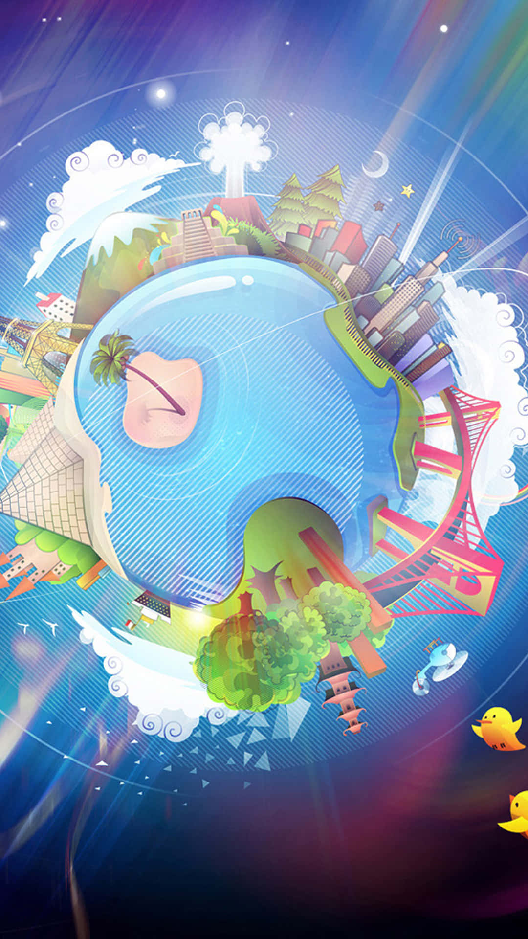 桌布 壁紙 — 一個充滿活力的數位地球儀，在星空宇宙天空下展示多樣化的景觀和建築，並有漂浮的黃色鴨子。