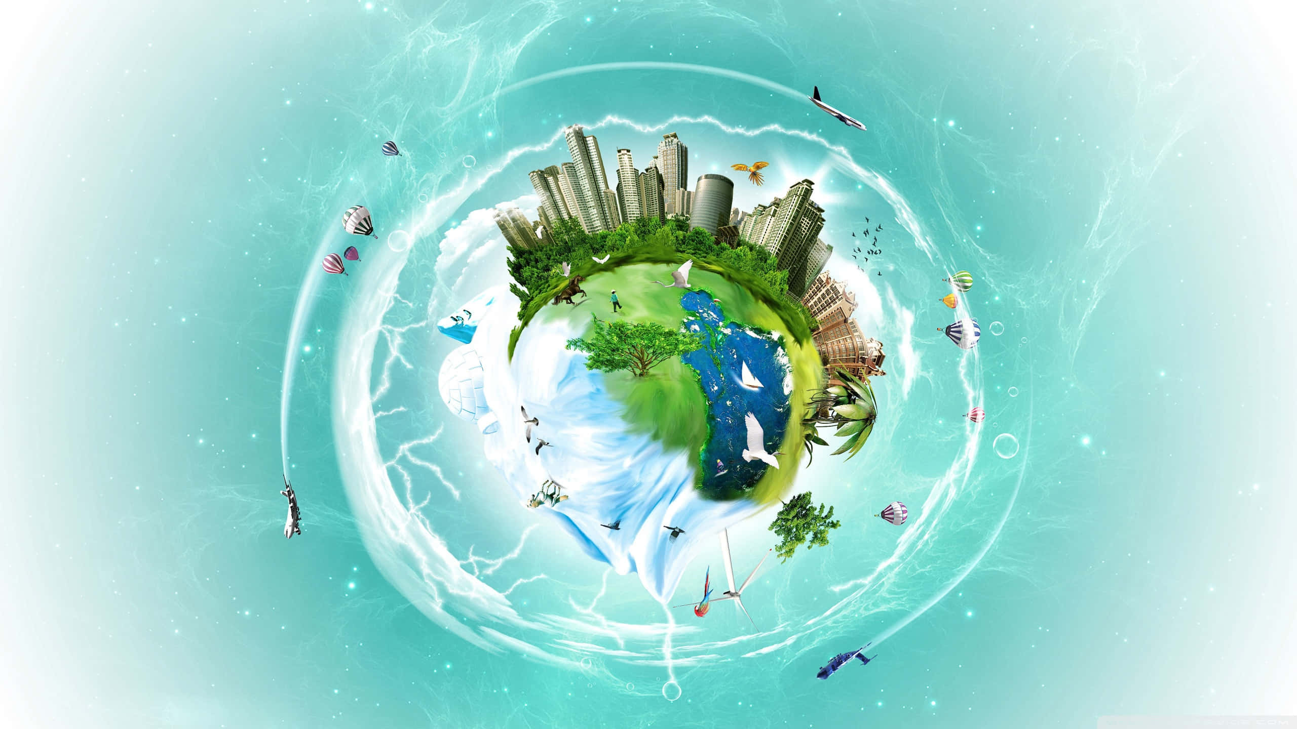 Global 桌布 壁紙 — 一個充滿活力的數位地球儀，展示城市摩天大樓、綠色森林和藍色海洋，周圍環繞著旋轉的能量和飛翔的風箏。