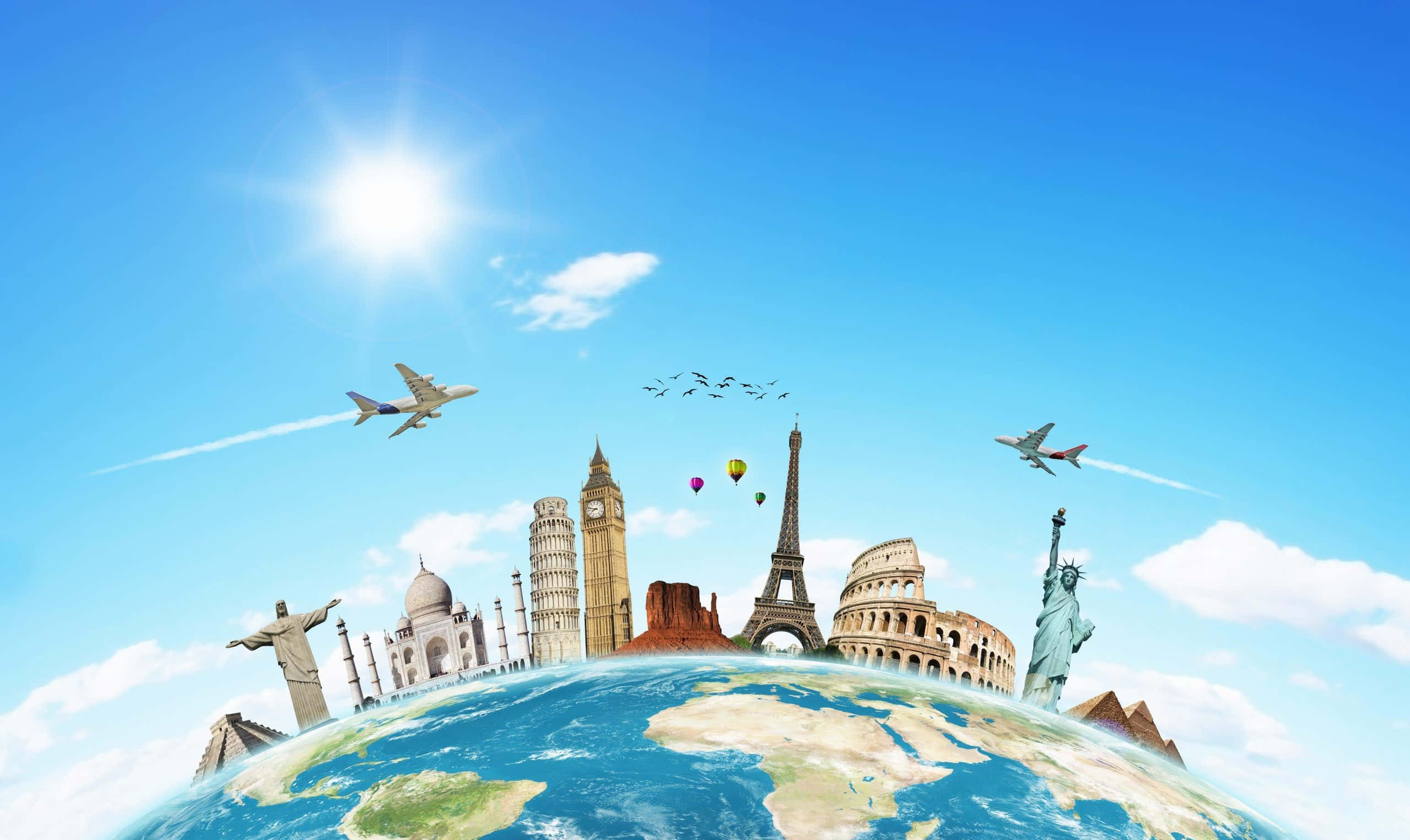 3d Travel 桌布 壁紙 — 一個充滿活力的數位地球儀展示了標誌性的全球地標，在明亮的陽光天空下，飛機和熱氣球在頭頂飛翔。