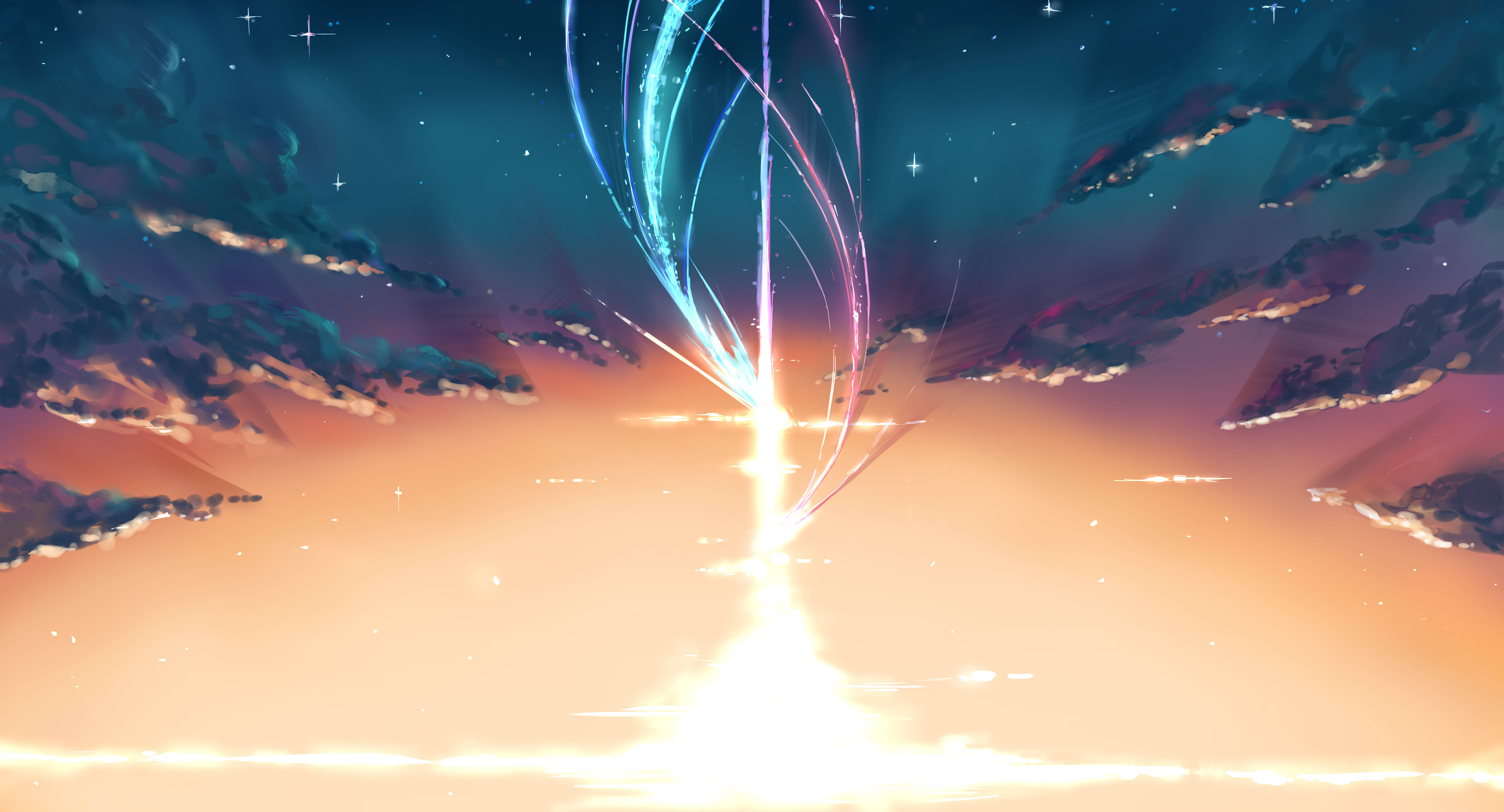 Your Name 桌布 壁紙 — 一個充滿活力的數位天空，閃爍的宇宙絲帶從光芒四射的地平線升起，下方是繁星點點的雲層。