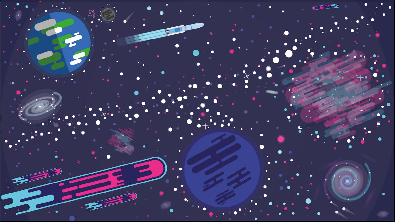 藝術 桌布 壁紙 — 一個充滿活力的數位太空場景，有發光的行星、色彩繽紛的星雲和風格化的太空船在閃爍的星星之間漂浮。