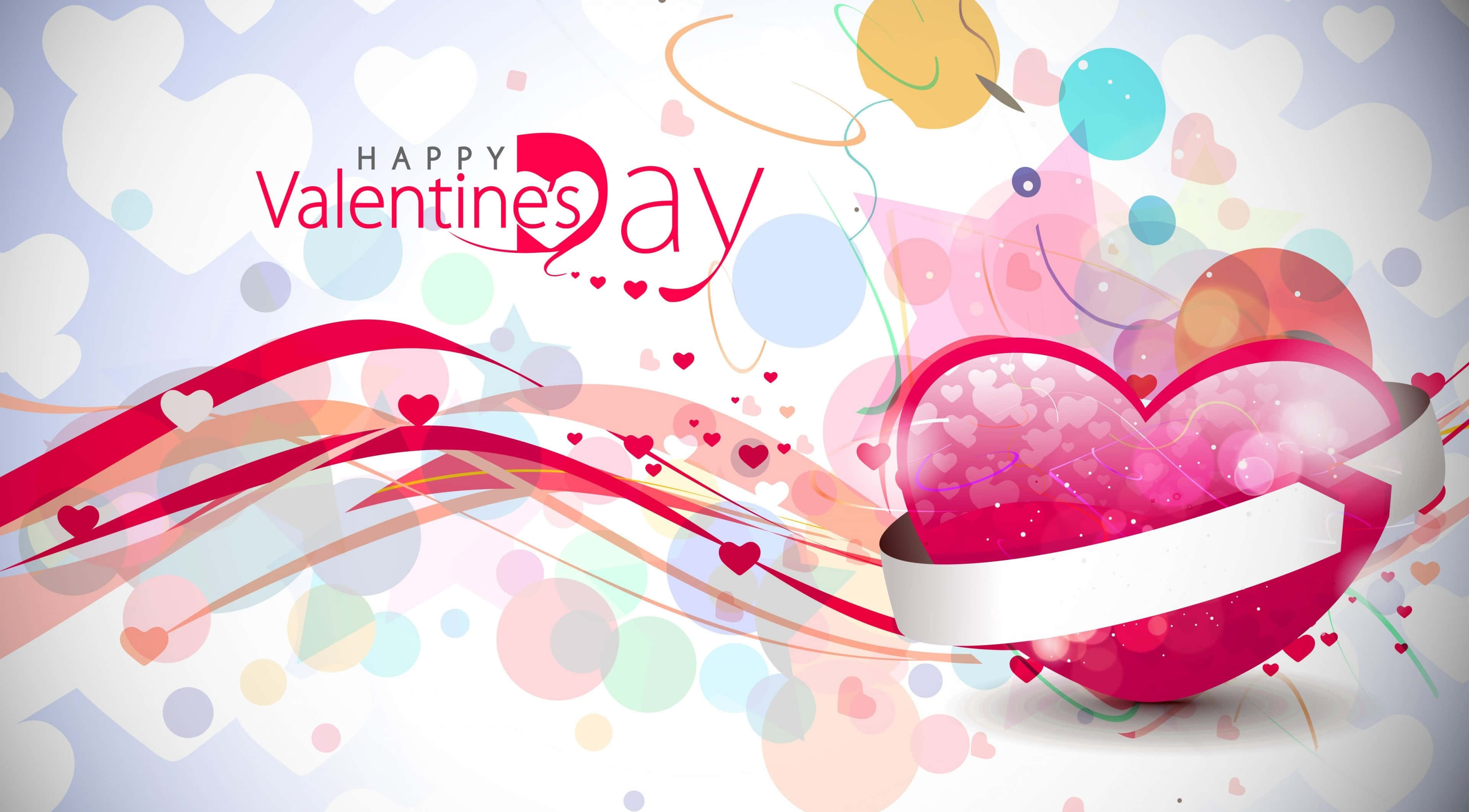 Cute Valentine 桌布 壁紙 — 一個充滿活力的數位情人節設計，特色是帶有白色絲帶的光澤粉紅心臟，周圍環繞著旋轉的絲帶和彩色心臟。