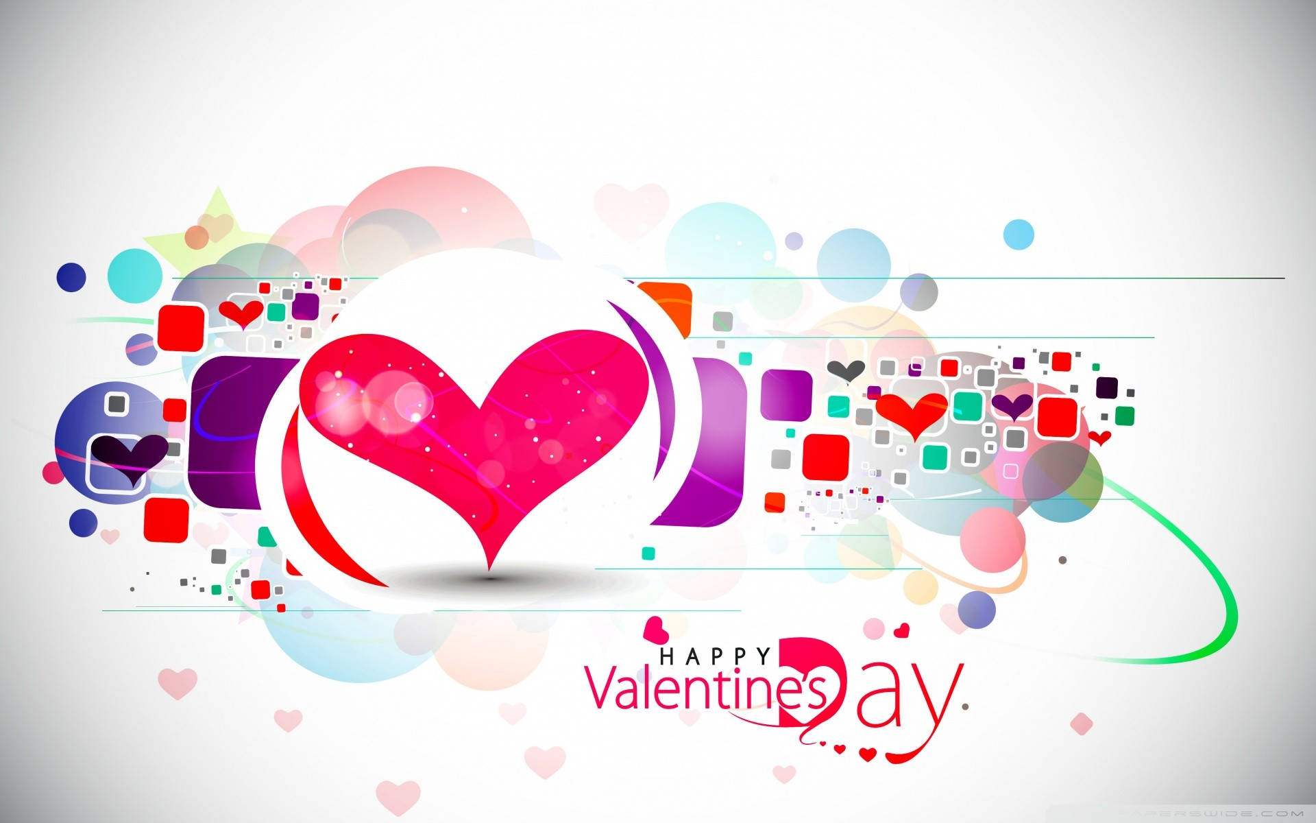 Happy Valentines Day 桌布 壁紙 — 一個充滿活力的數位情人節設計，特色是一個大粉紅色心形，周圍環繞著彩色氣泡和幾何形狀。