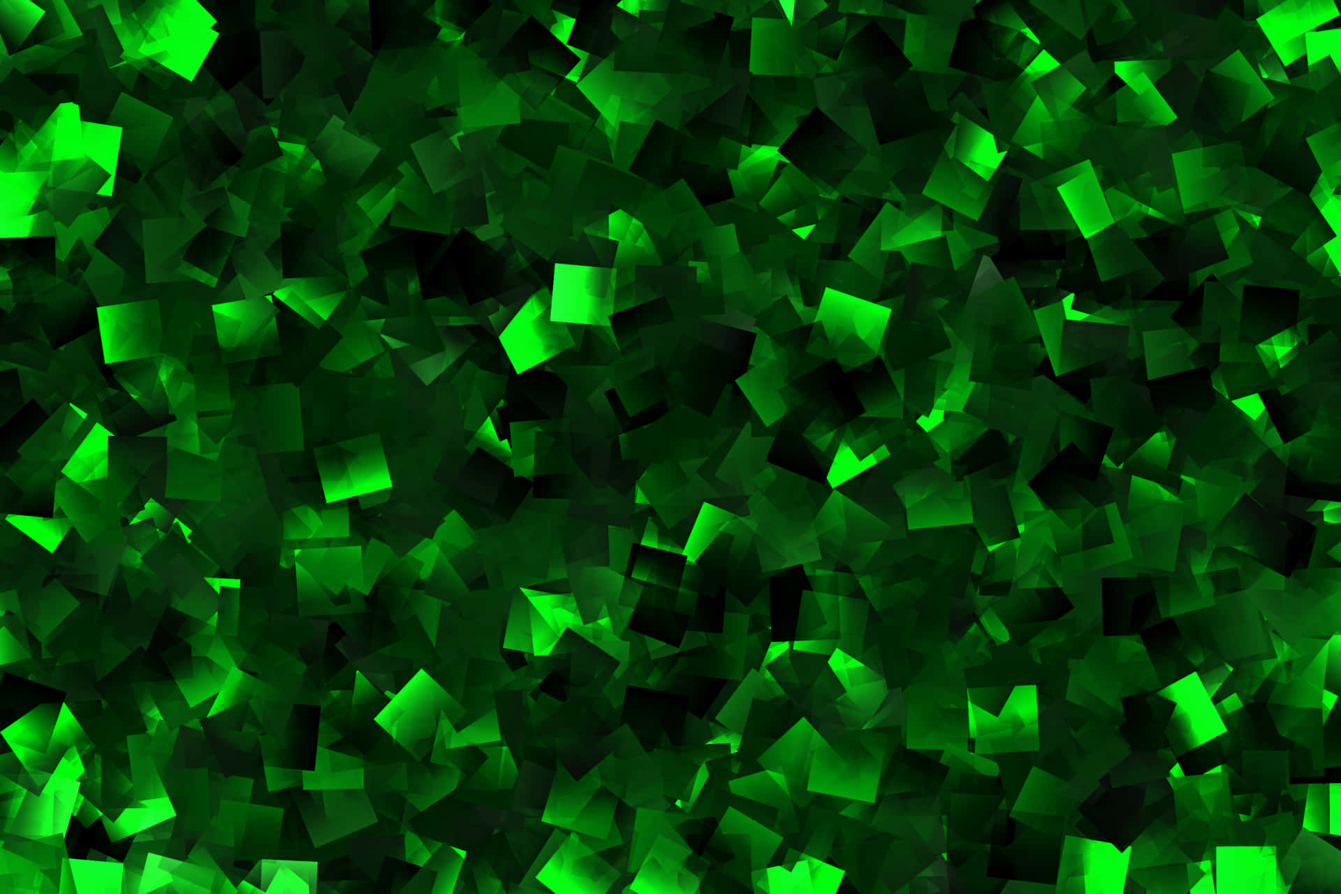 Square 桌布 壁紙 — 一個充滿活力的數位抽象背景，發光的綠色幾何碎片在黑暗虛空中。