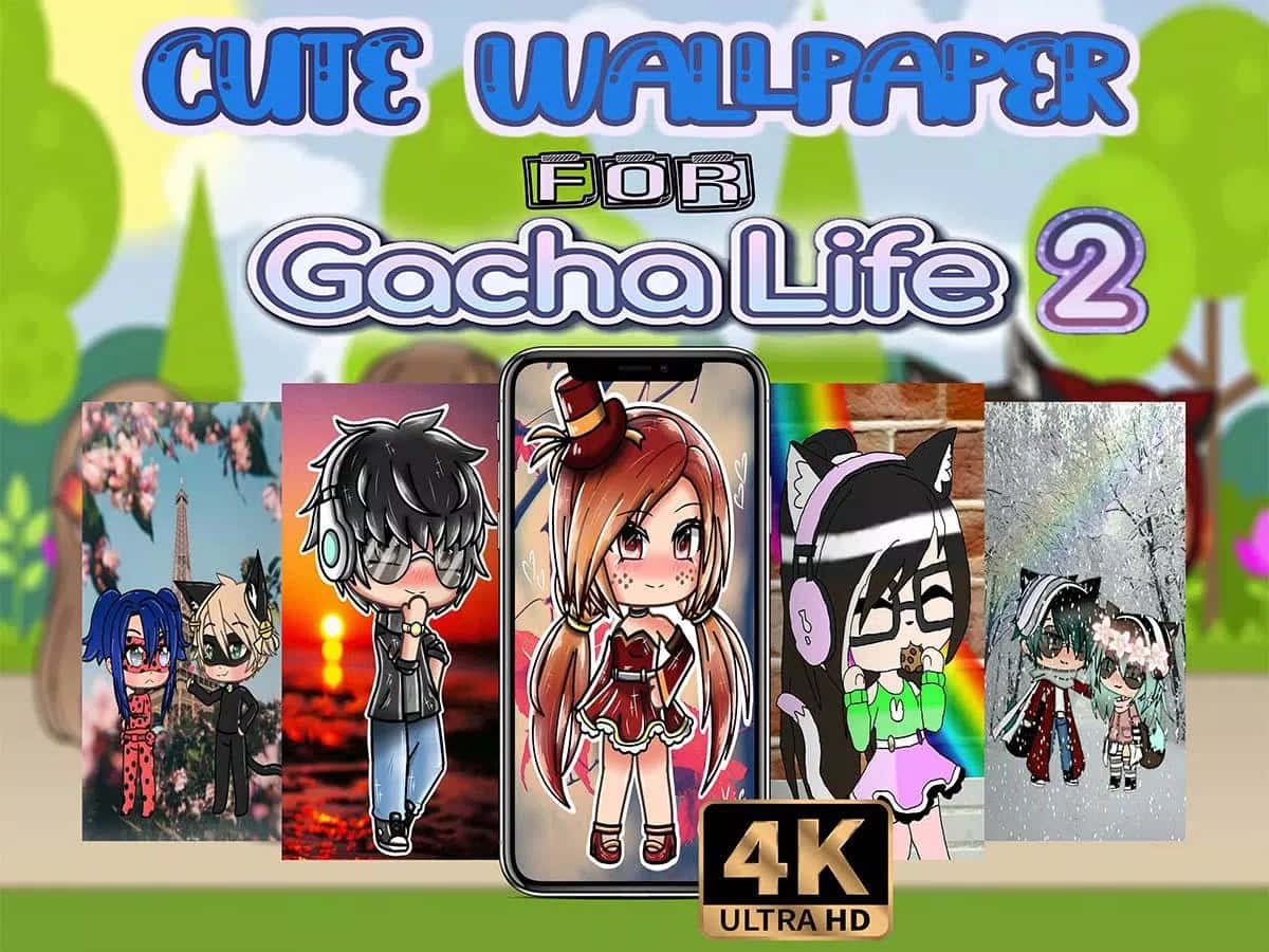 桌布 壁紙 — 一個充滿活力的數位拼貼，展示來自 Gacha Life 2 的可愛動漫風格角色，搭配各種主題桌布。