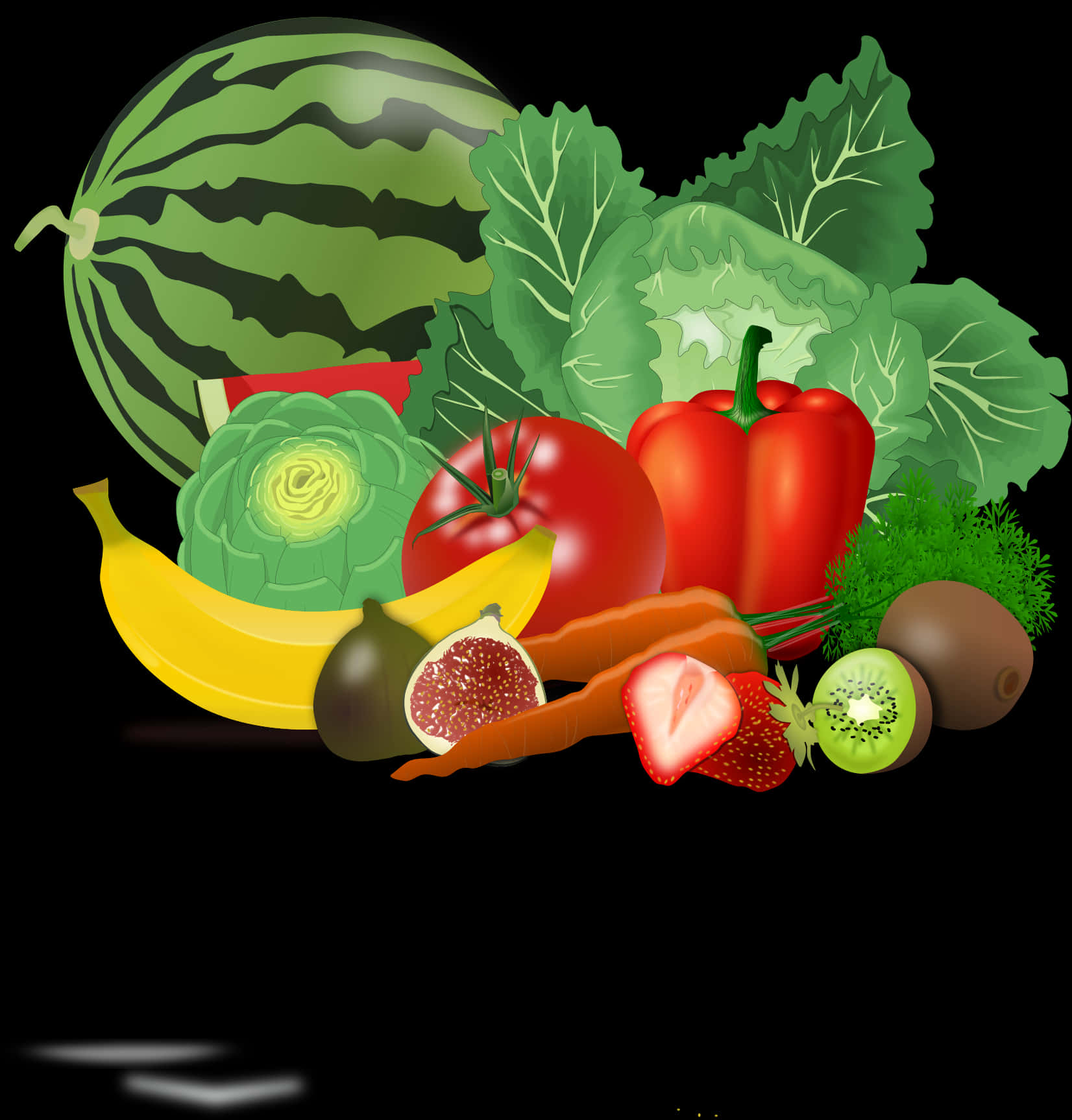 Fruits 桌布 壁紙 — 一個充滿活力的數位插圖，展示了各種新鮮水果和蔬菜，排列在黑色背景上。