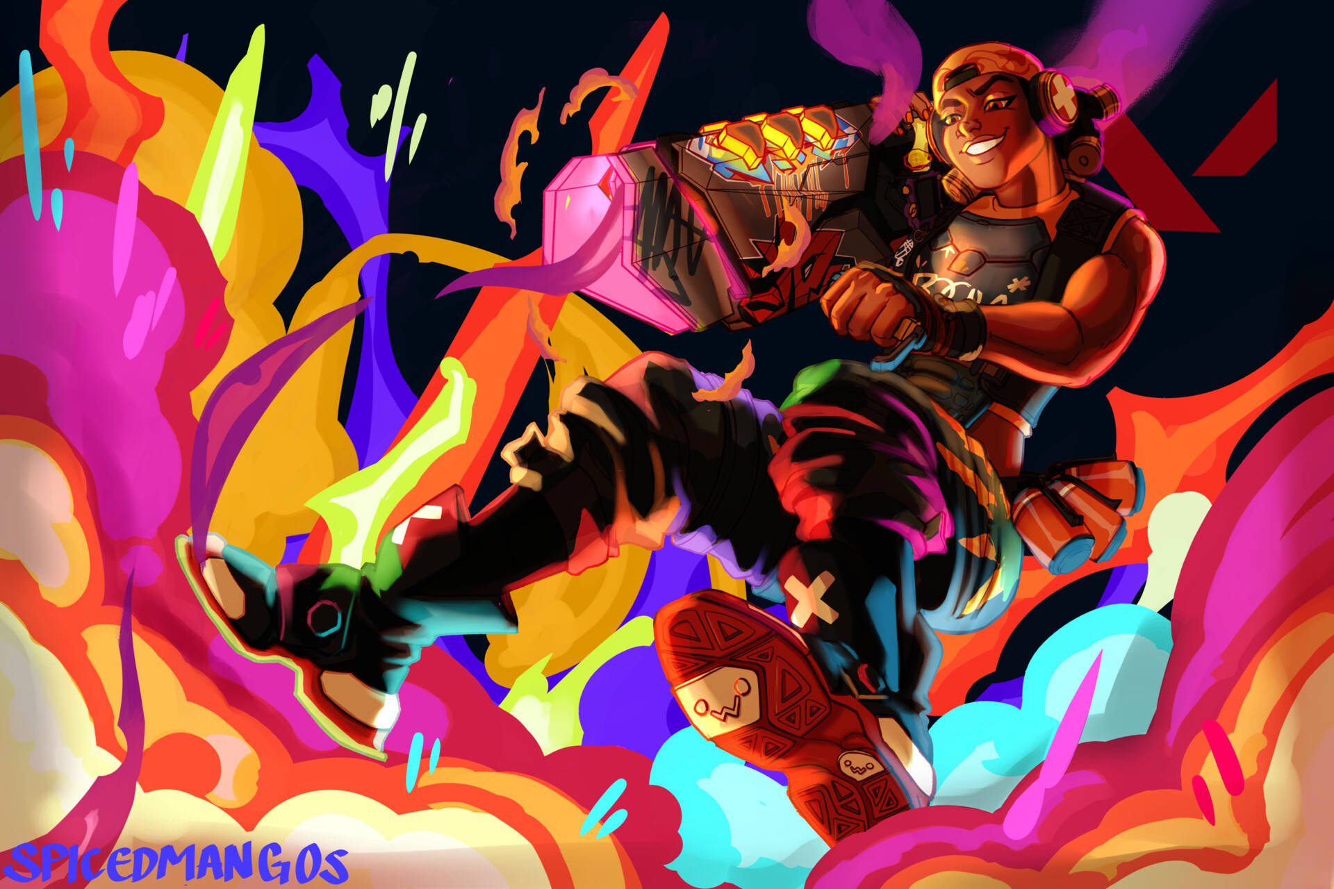 Valorant 桌布 壁紙 — 一個充滿活力的數位插圖，描繪一位微笑的戰士在爆炸性的霓虹火焰和色彩繽紛的能量爆發中揮舞著發光的錘子。