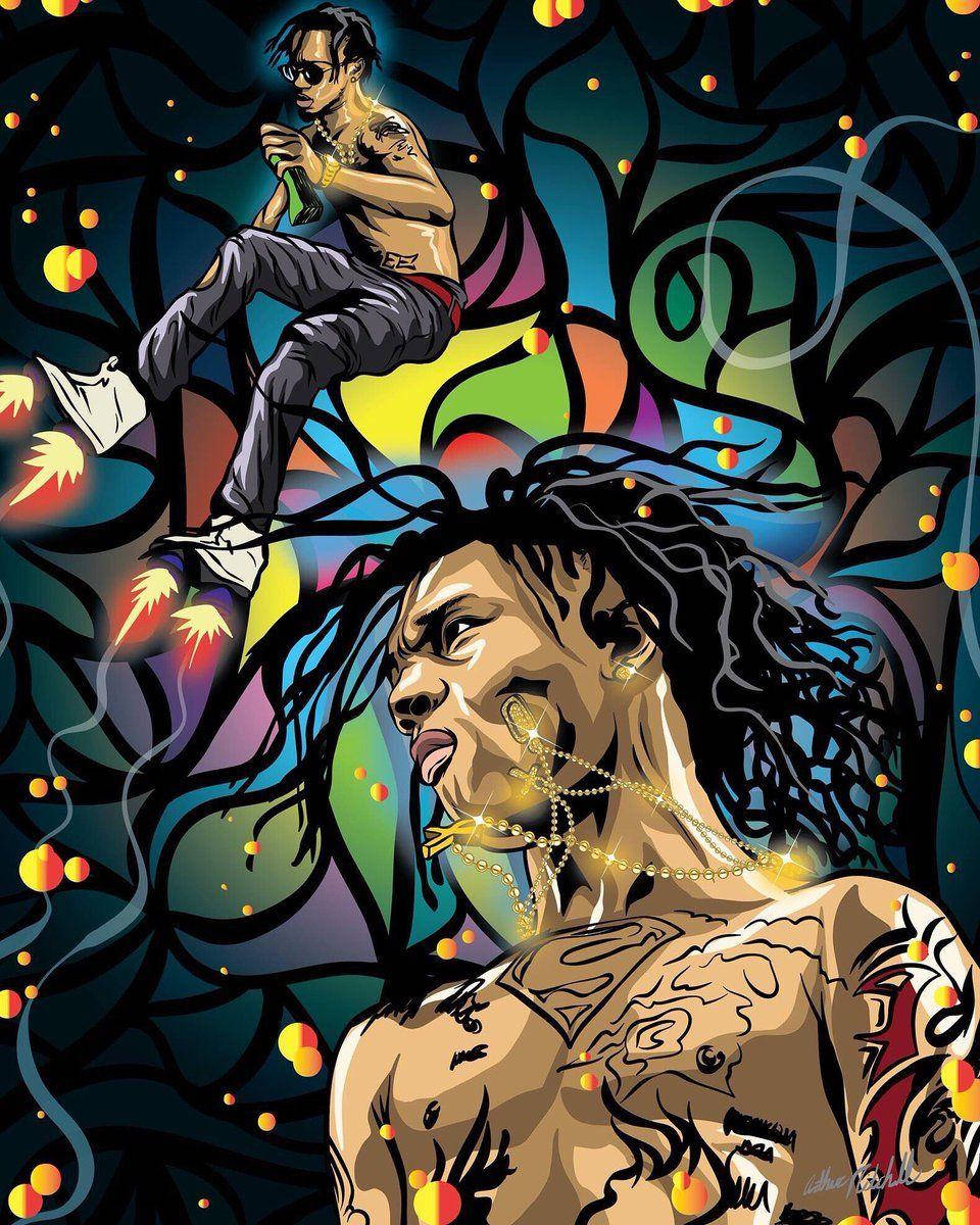 Swae Lee 桌布 壁紙 — 一個充滿活力的數位插圖，描繪一位紋身男子，留著辮子頭、戴著金鏈，上方有另一個人影棲息在旋轉的彩色抽象圖案和發光球體之中。