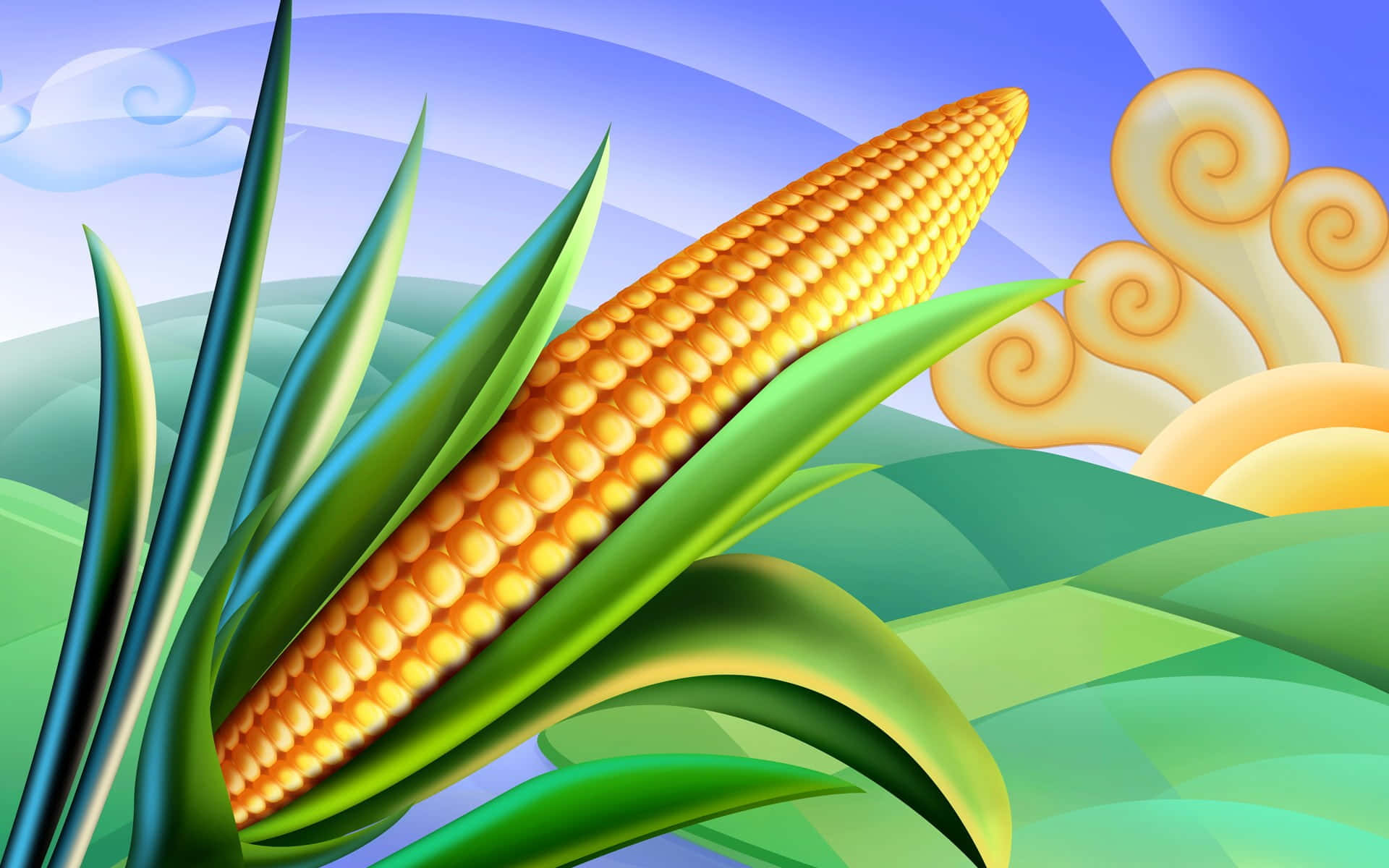 Yellow Corn 桌布 壁紙 — 一個充滿活力的數位插圖，描繪了一個金色的玉米棒，藏在茂密的綠葉中，背景是風格化的藍天和旋轉的雲朵。