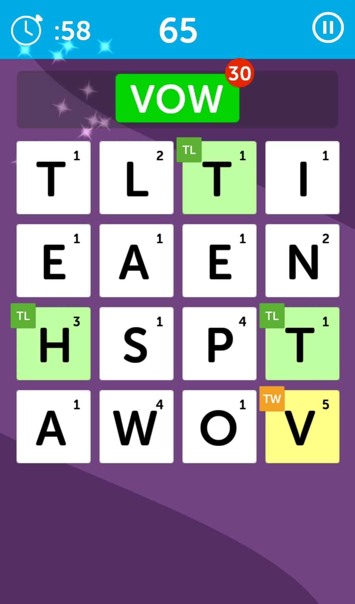 一個色彩繽紛的行動文字遊戲，帶有字母瓷磚和分數顯示。 — Microsoft 壁紙