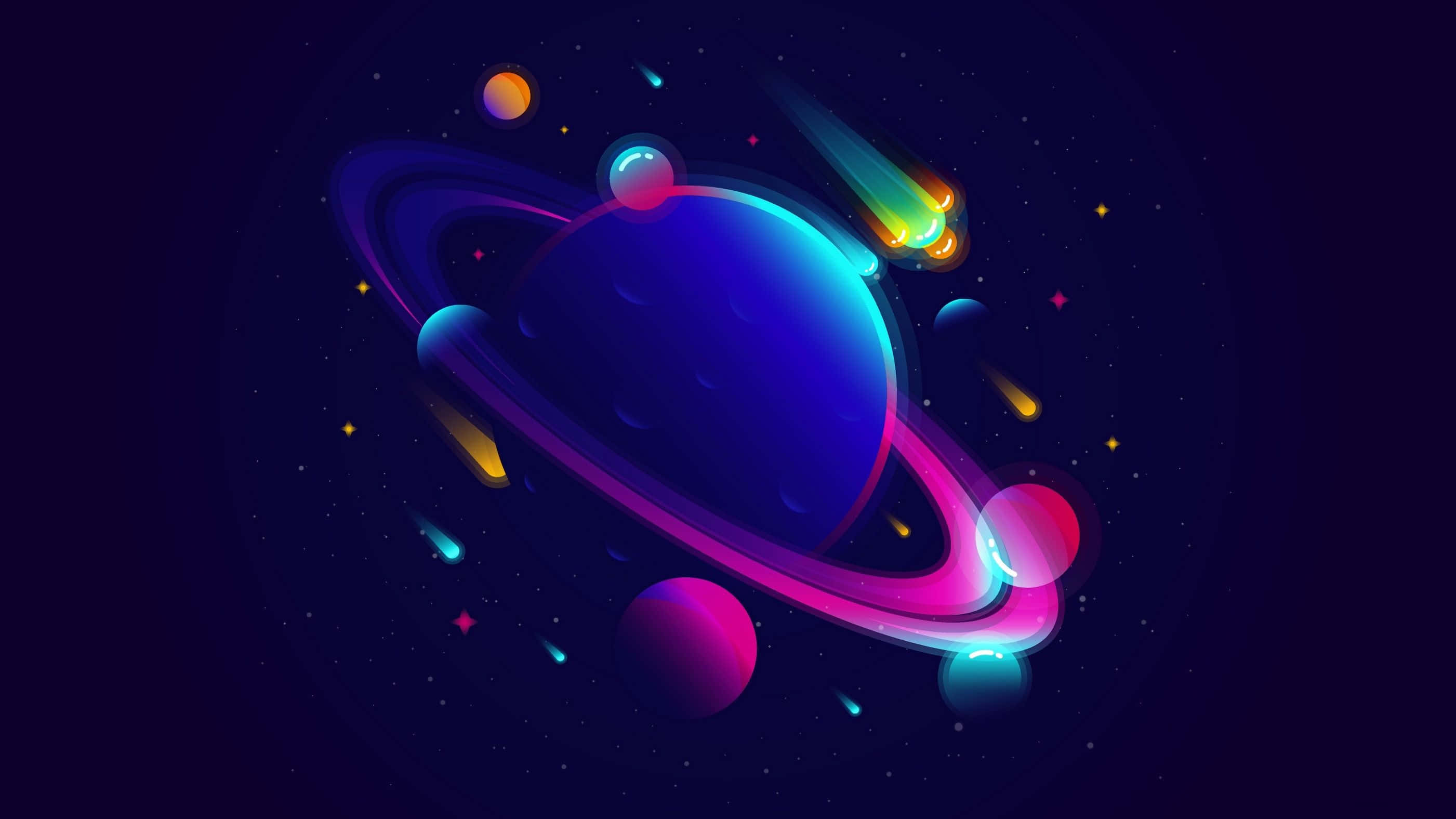 藝術 桌布 壁紙 — 一個充滿活力的數位星球，帶有發光環和色彩繽紛的流星劃過星光宇宙背景。