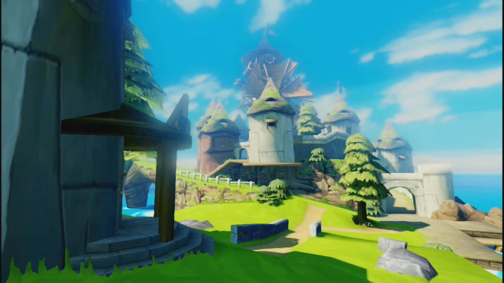 The Legend Of Zelda The Wind Waker 桌布 壁紙 — 一個充滿活力的數位景觀，特色是一座奇特的石頭城堡坐落在懸崖邊，俯瞰著海洋，上方是明亮的藍天。