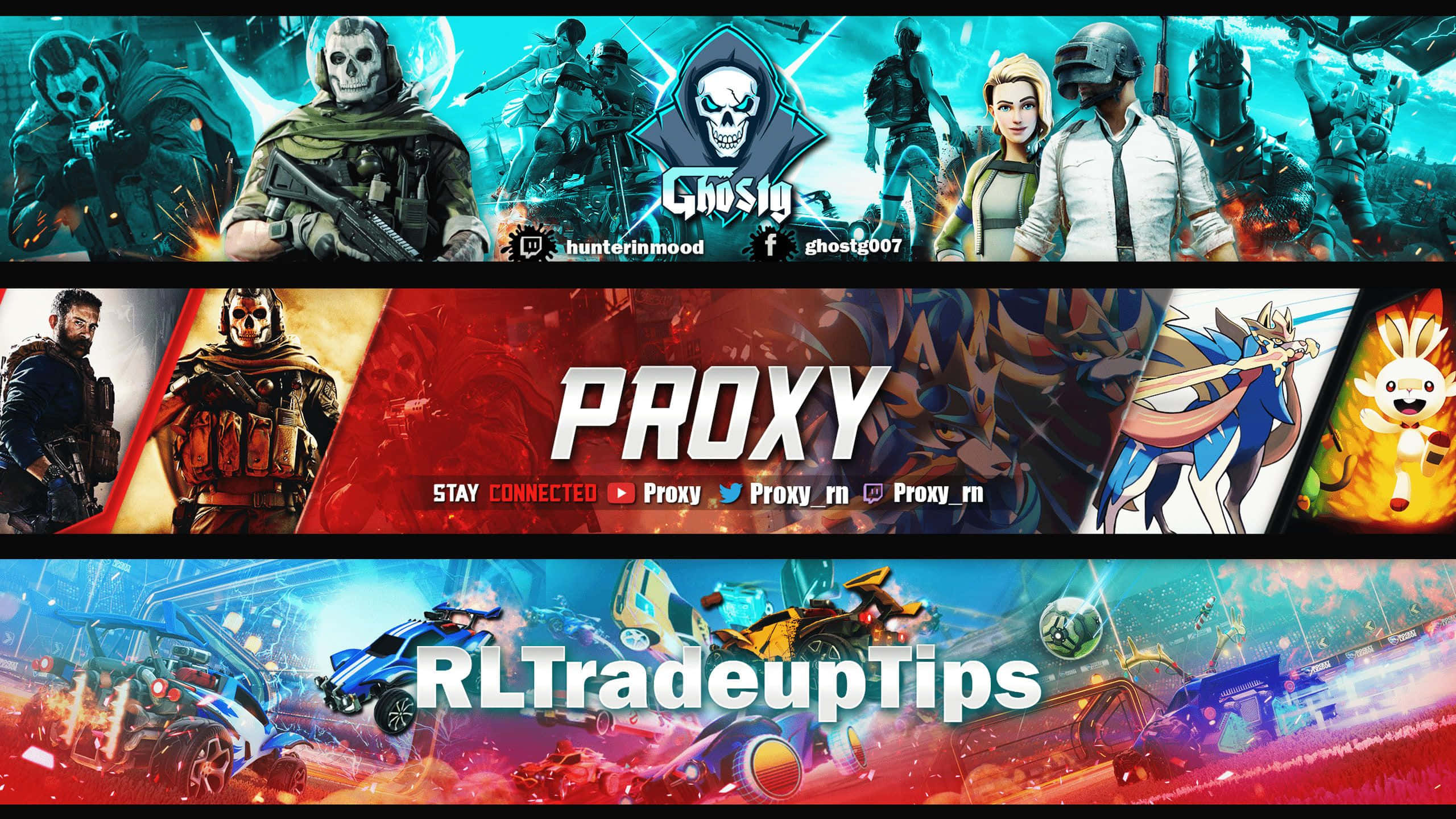 YouTube Banner Gaming 桌布 壁紙 — 一個充滿活力的數位橫幅拼貼，展示遊戲角色和車輛，並帶有粗體文字疊加。