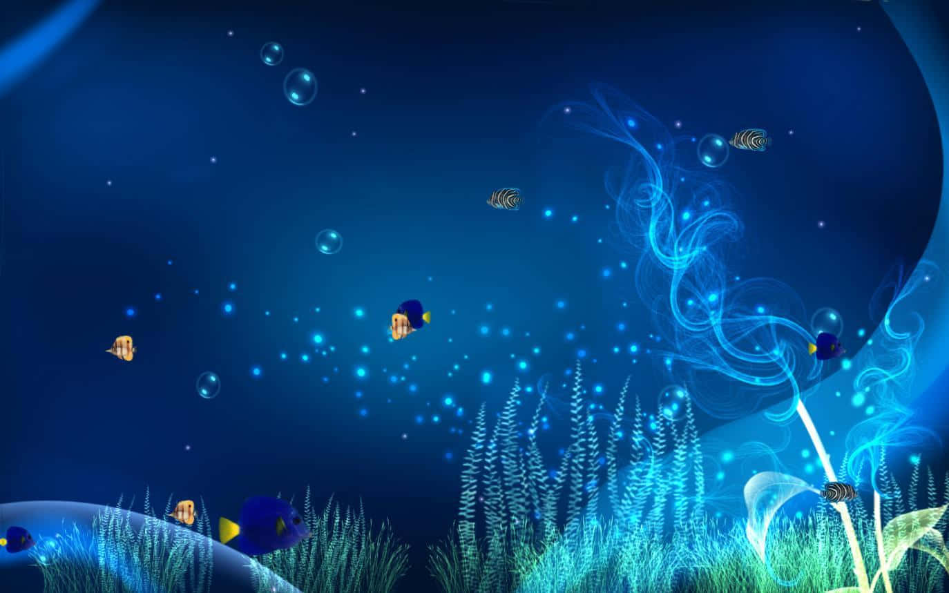 互動式 桌布 壁紙 — 一個充滿活力的數位海底場景，發光的藍色魚在發光的珊瑚和漂浮的氣泡之間游動，背景是深藍色海洋。