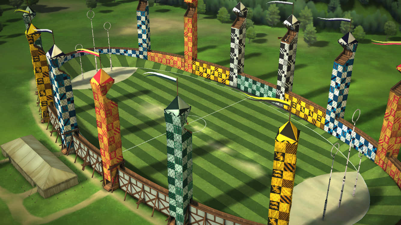 The Hogwarts Quidditch Pitch 桌布 壁紙 — 一個充滿活力的數位渲染的魁地奇球場，色彩繽紛的球隊圓環和掃帚在茂密的綠色場地上。